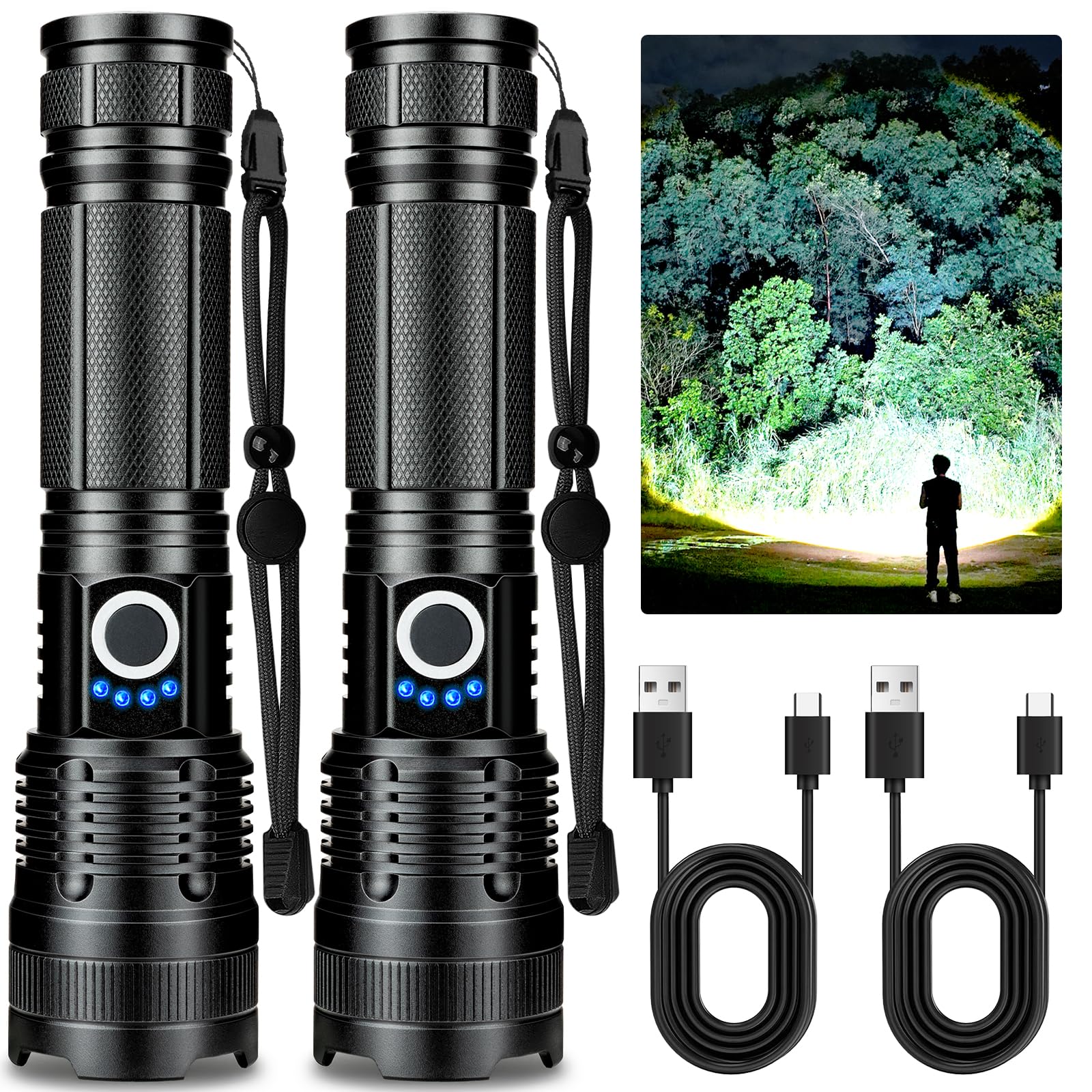 18FTRabbit 2 Pack Rechargeable Flashlights High Lumens, 990000lm Super Bright Handheld Flash Light with Power Display, 15H Runti