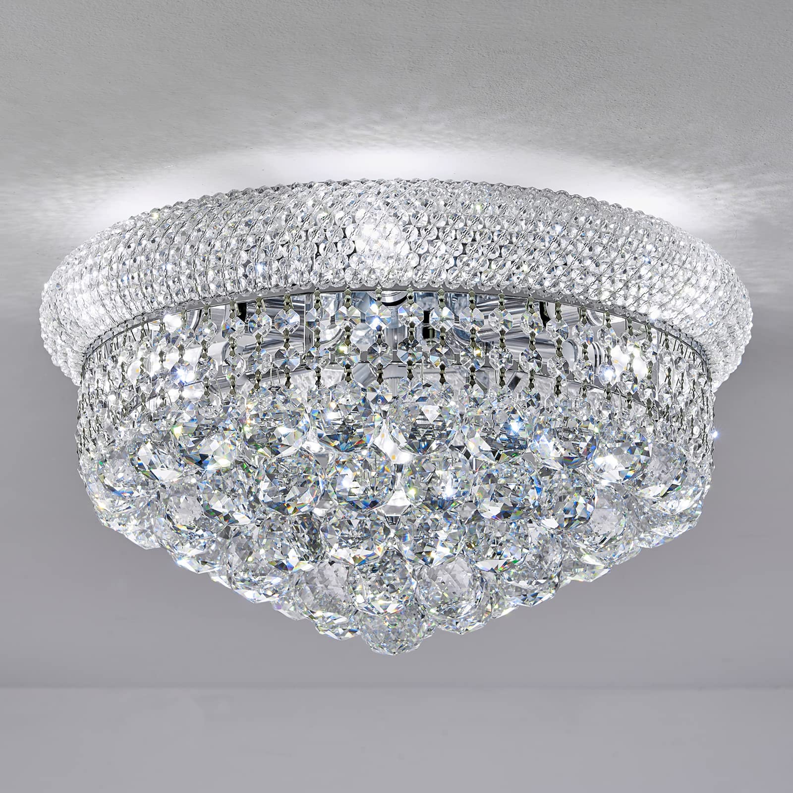 Homeooze 7-Light Flush Mount Crystal Chandelier, 18" Chrome Finish, Model FM001 for Living Room, Dining Room, Entryway, Bedroom