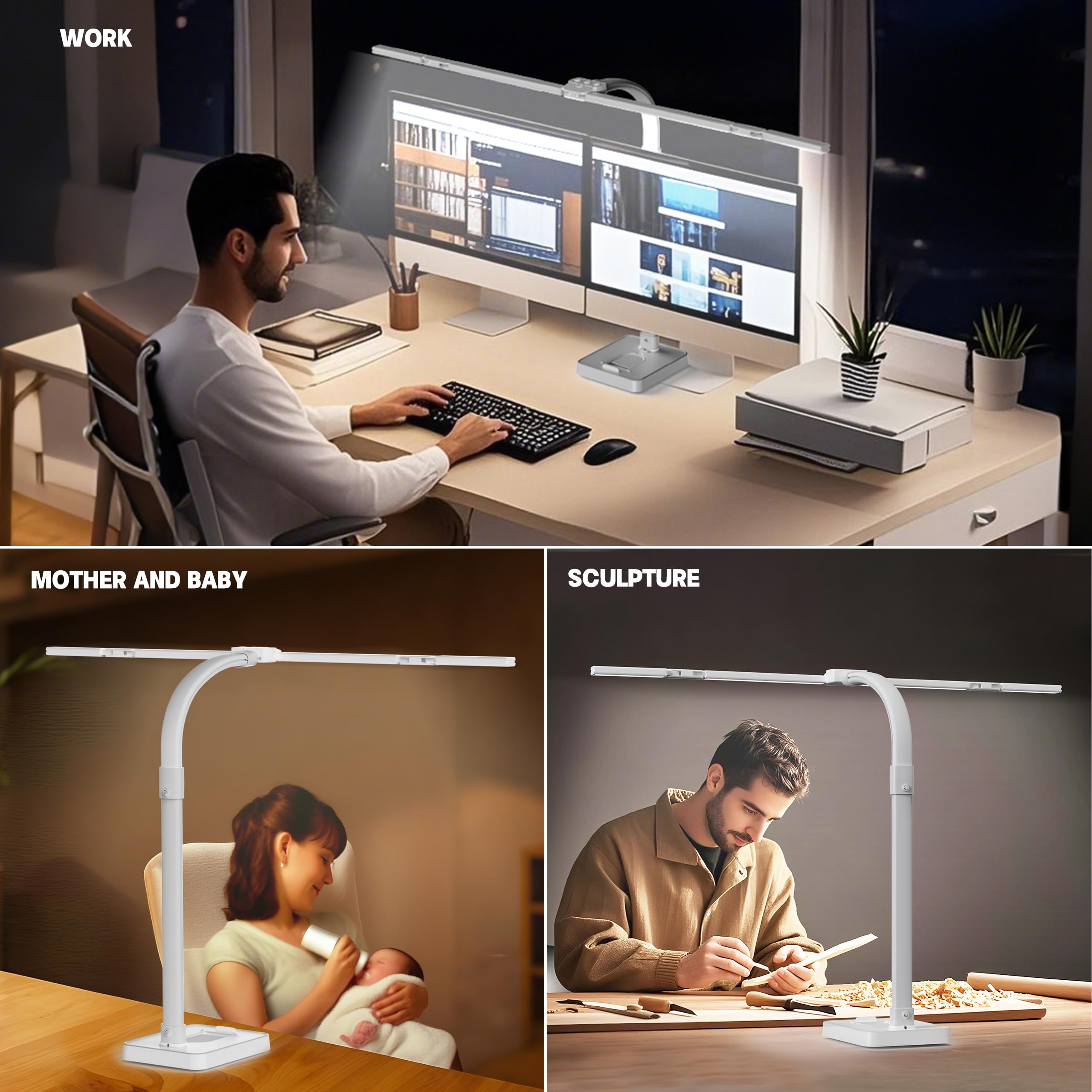 sandiea LED Desk Lamp - 24W Double Head Task Light, Adjustable Gooseneck, All White, 1"x1.01"x1", Eye-Caring Design, Model LT-T