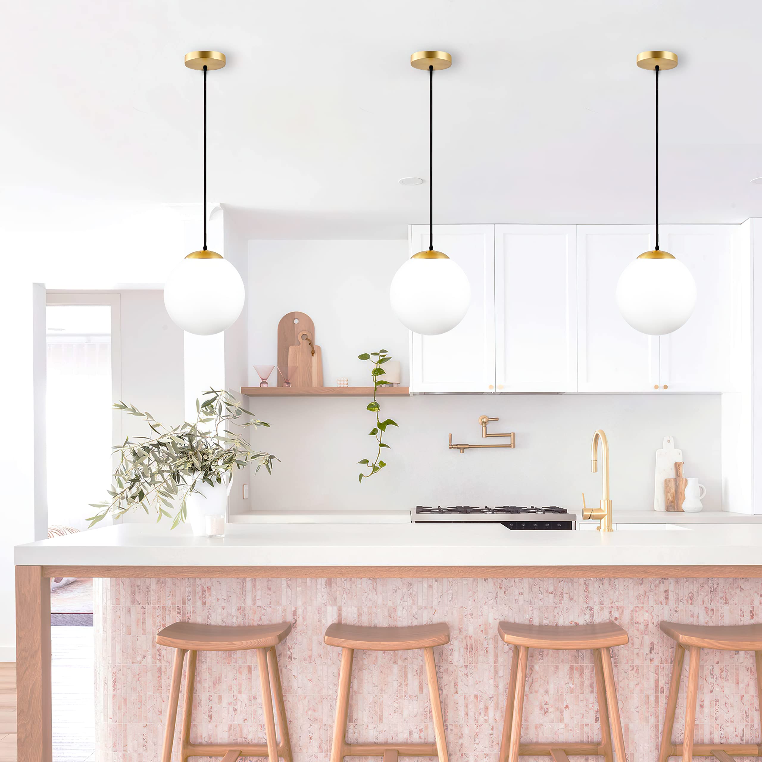 Koko&Yukina Modern Globe Pendant Light, Opal & Brass, 8&quot; Adjustable Fixture For Home Decor