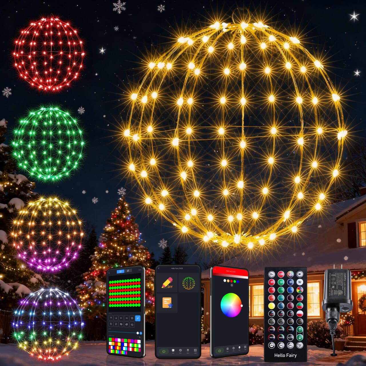 Joomer Smart RGB Christmas Hanging Ball Lights, 12in 108 LED Foldable Color Changing Xmas Light, App and Remote Control, Waterpr