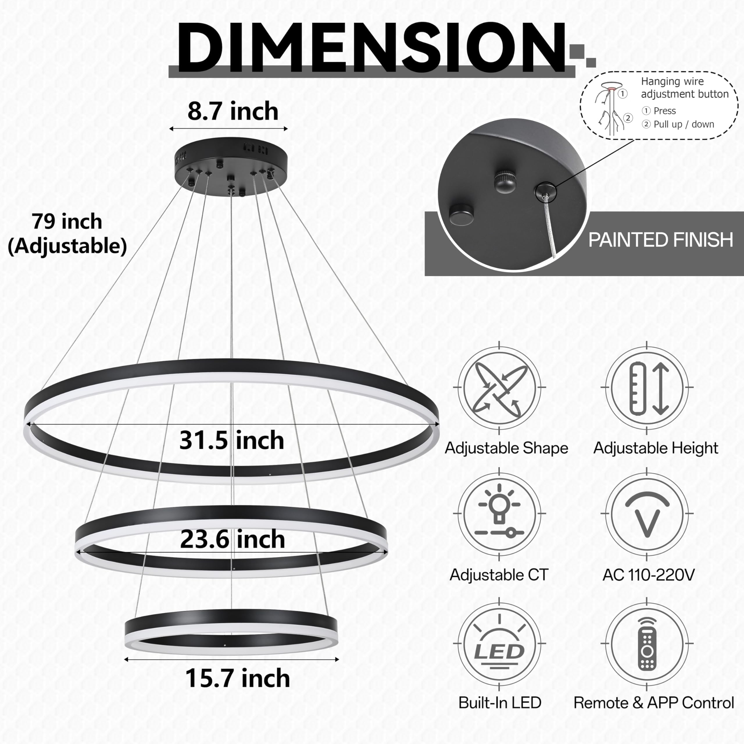Mccokaige 31.5'' Black Modern Led Chandelier 3 Ring Modern Led Pendant Light Contemporary Ring Chandeliers Dimmable Chandeliers