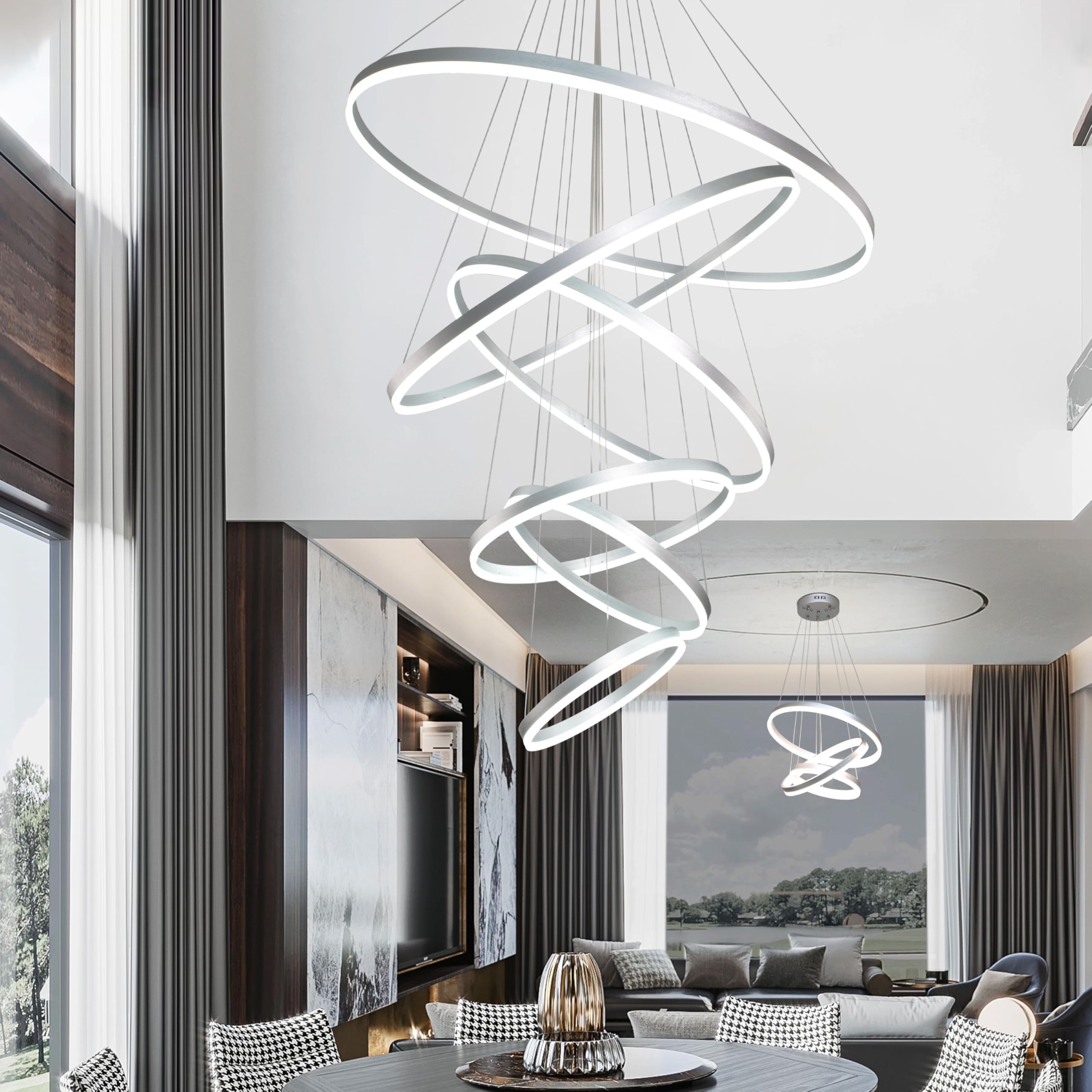 Mccokaige 6 Rings Pendant Lights 47.2'' Modern Height Adjustable Chandeliers Sliver Led Chandelier Dimmable Sliver Chandelier Le