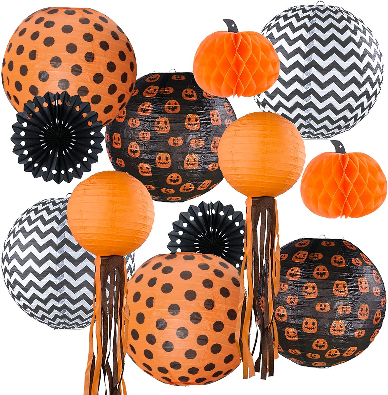 UNIQOOO Halloween Paper Lantern Set, 12 Pack, Black Orange Polka Dots & Wave Prints, Indoor/Outdoor, 12in & 8in