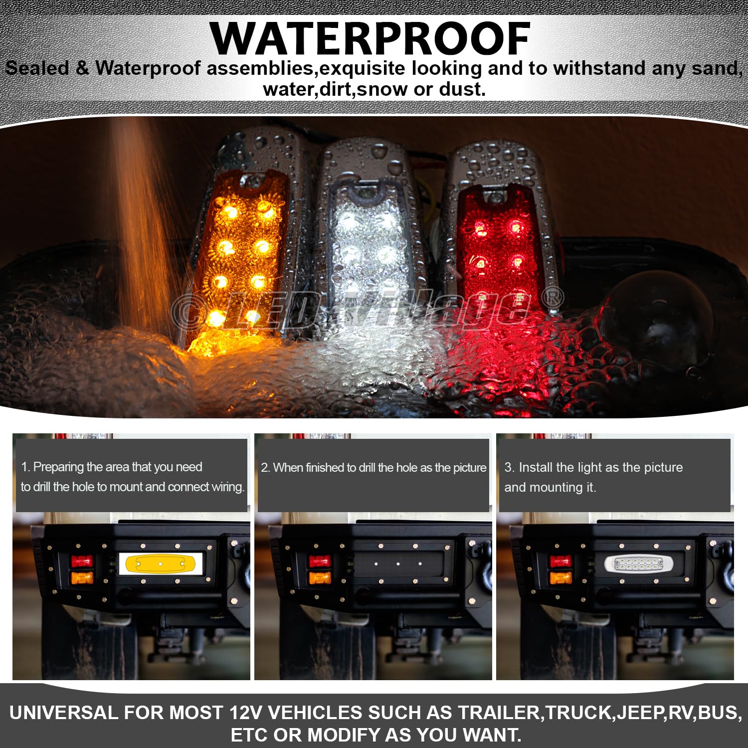 Ledvillage 30 Pcs 12V Dc 6.4 Inch Clear Lens 10 Amber + 10 Red + 10 White 12 Led Clearance Lamps W/Chrome Sealed Flush Mount Sid