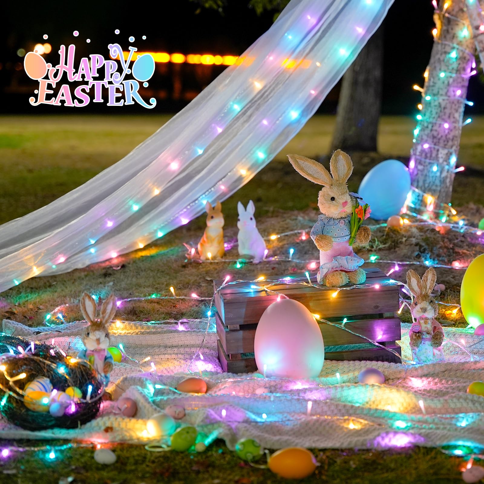 Potive Easter Lights Battery Operated Indoor,2 Pack Total 66Ft 200 Led Easter String Lights Battery Powered,8 Modes Multicolor E
