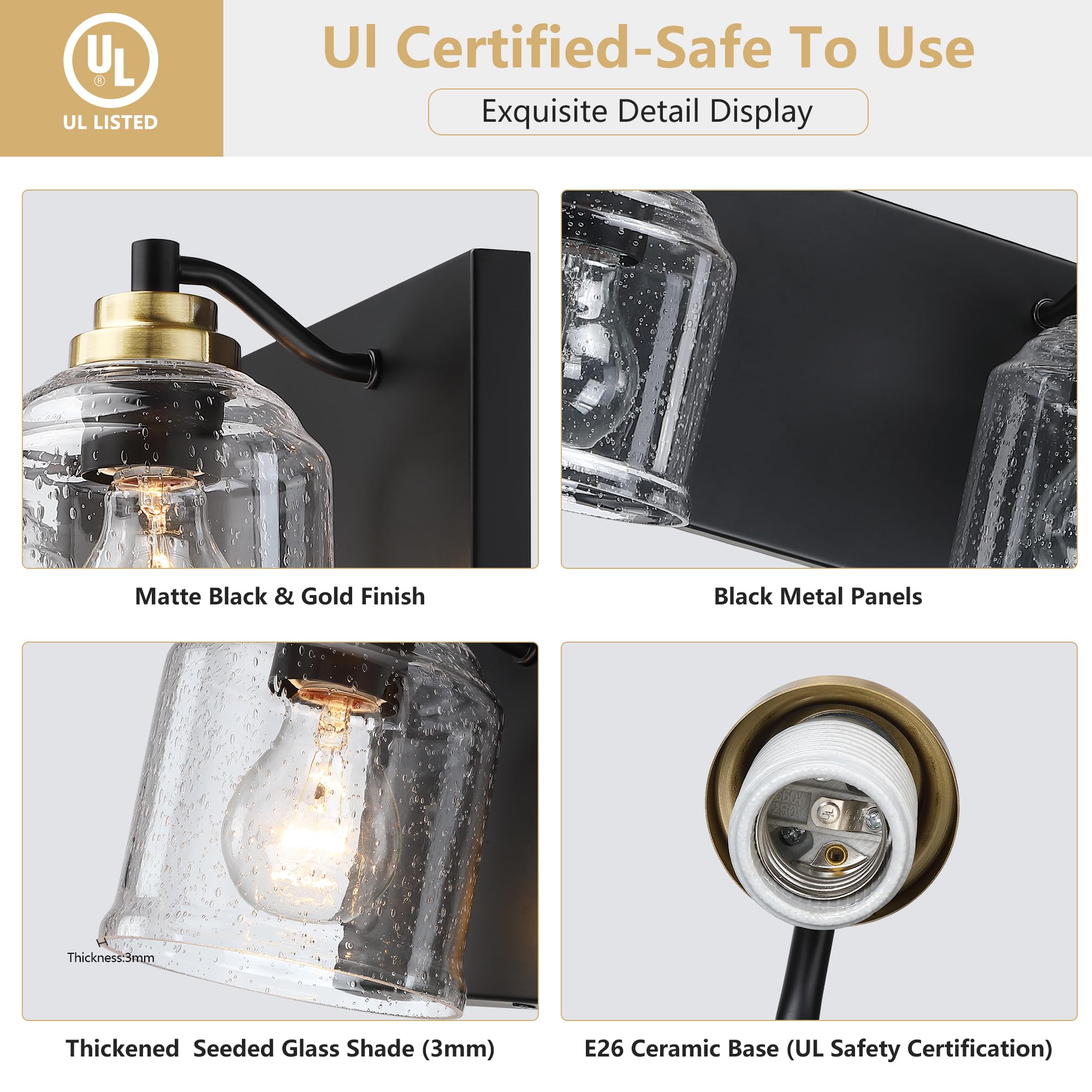YKLITG 5-Light Bathroom Vanity Light, Metal Black & Gold with Bubble Glass Shades, Model BD005 S