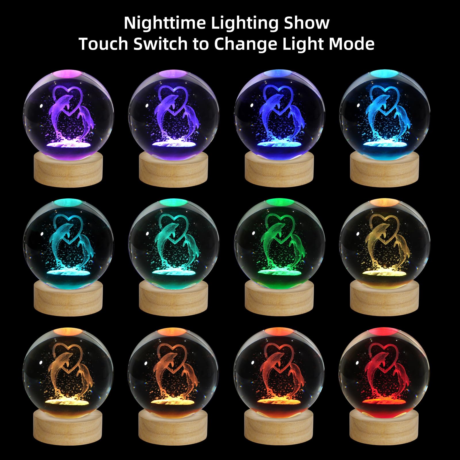 Zxblaq 3D Dolphin Crystal Ball Night Light, Upgraded 3.15 Inch Glass Ball Lamp With 16 Color Led Wooden Base, Dolphin Decor Birt