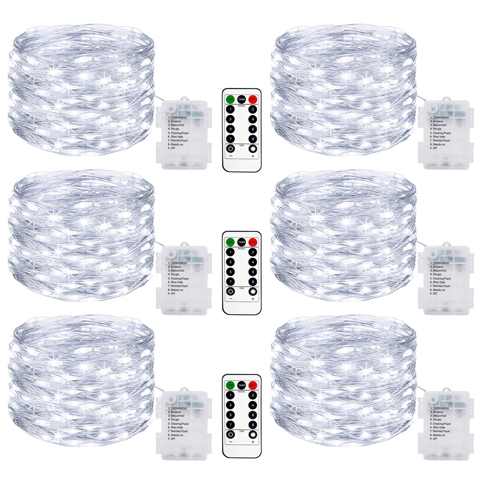 6 Pack 33FT 100LED Fairy String Lights Battery Operated with Remote and Timer,IP65 Waterproof Dimmable Copper Wire 8 Modes LED Twinkle Lighting Indoor Outdoor for Bedroom Christmas Decor-Cool White
