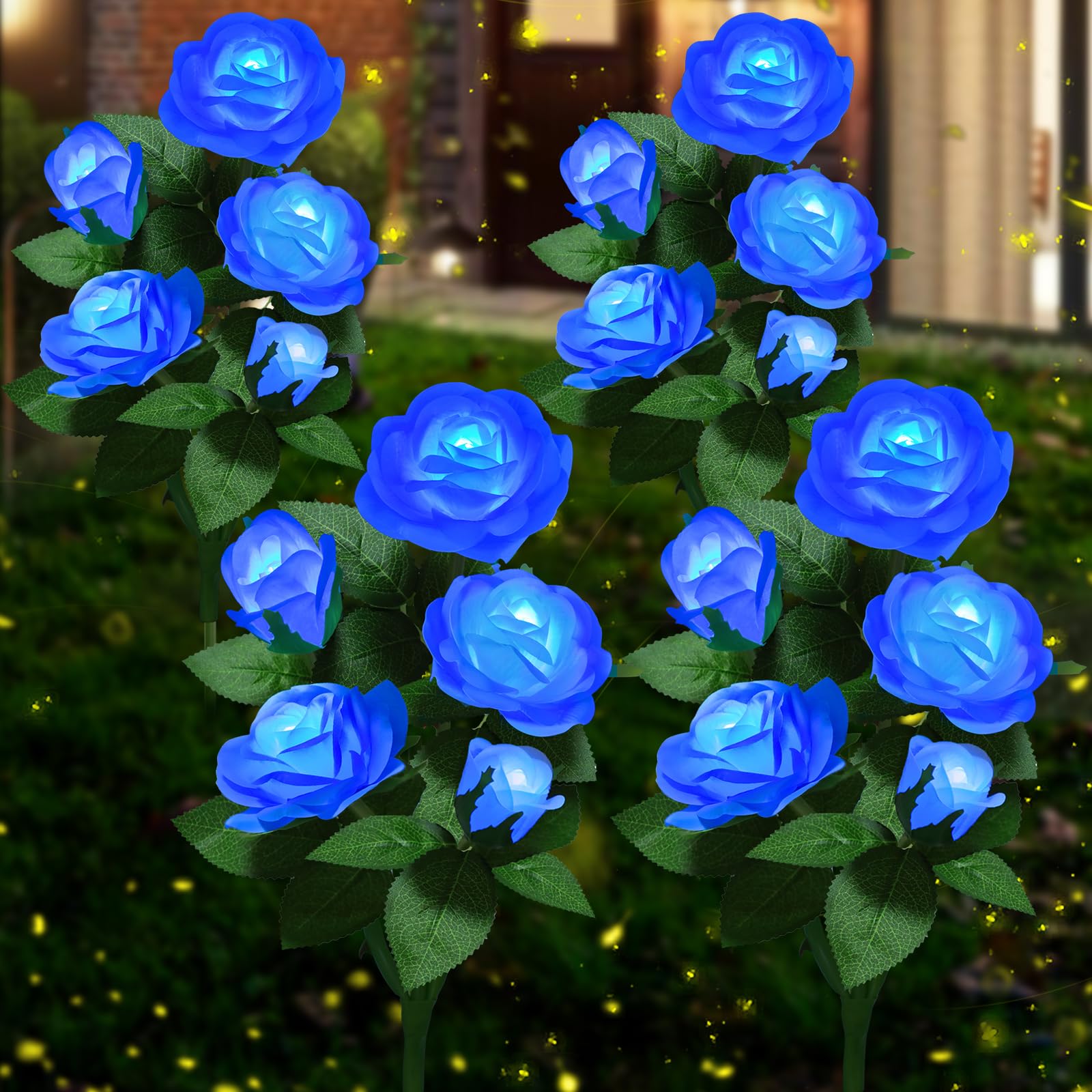 YWYWLED Solar Flower Lights Outdoor - Upgraded New Material Two Modes Realistic LED Solar Powered Waterproof Lights with 20 Roses  Solar Decorative Stake Lights for Garden (Blue  4 Pack)