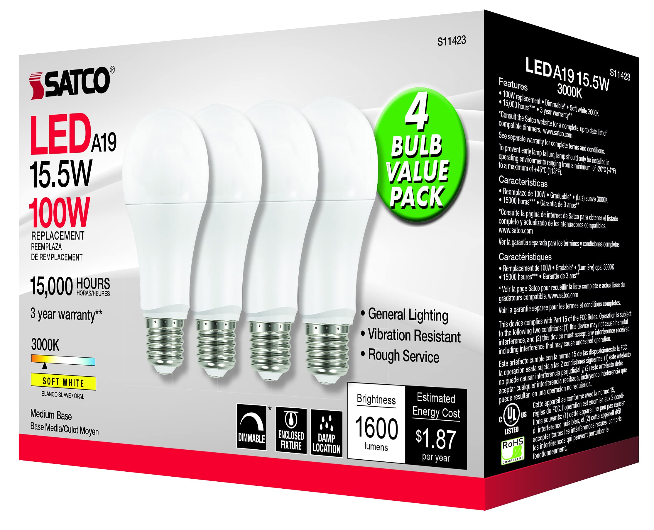 Satco A19 LED Light Bulbs, 15.5W, 1600 Lumens, 3000K, E26 Medium Base, Model S11423-6, Pack of