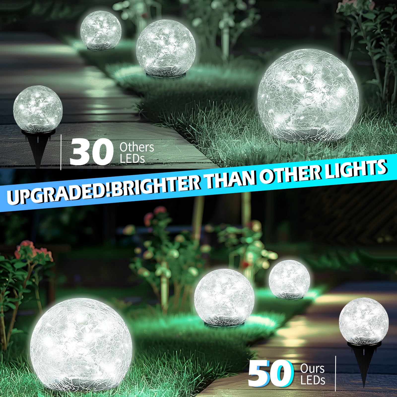 Coroor Garden Solar Ball Lights - 50 Led  ed Glass Globe, Waterproof, 4.7 White, 2 Pack For Outdoor Pathway & Lawn Decor