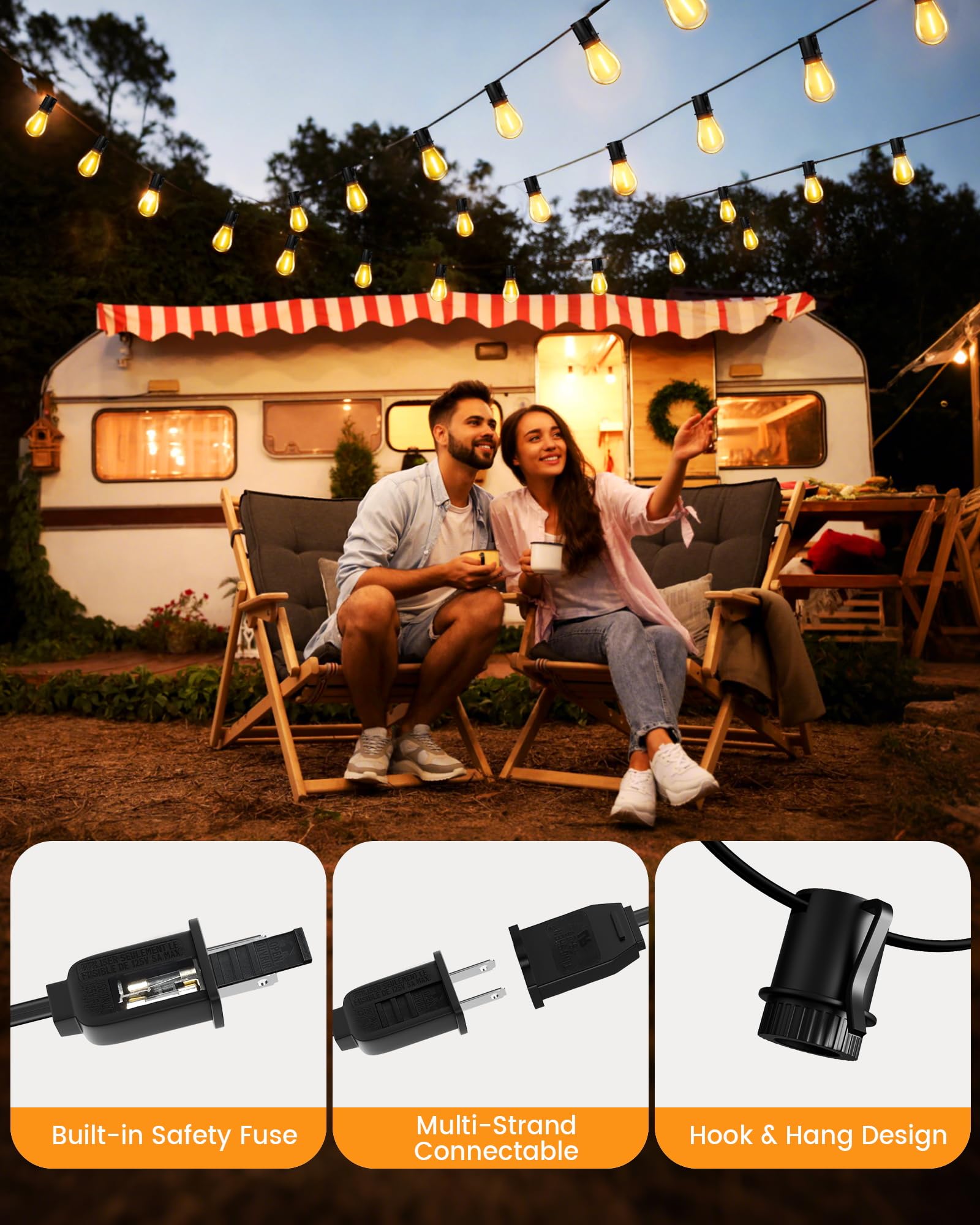 Torkase 50FT Outdoor String Lights, LED S14 Shatterproof Bulbs, Waterproof Dimmable Patio Lights, Warm White, Model GLS-20J2P-E17-S14-