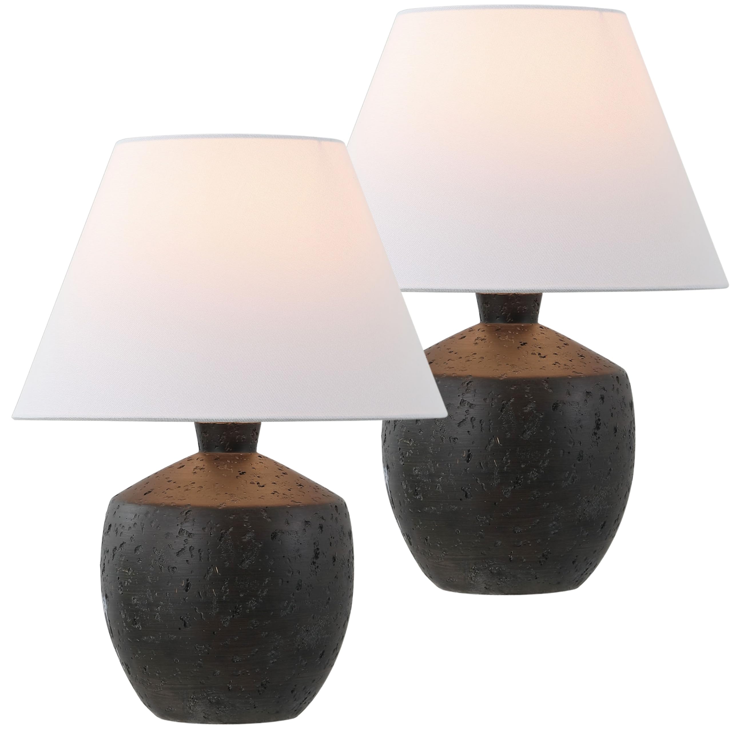 JONATHAN Y 18 Black Modern Concrete Effect Table Lamp Set of 2, Scandinavian Bedside Lamps for Bedroom Living Room, White Linen 