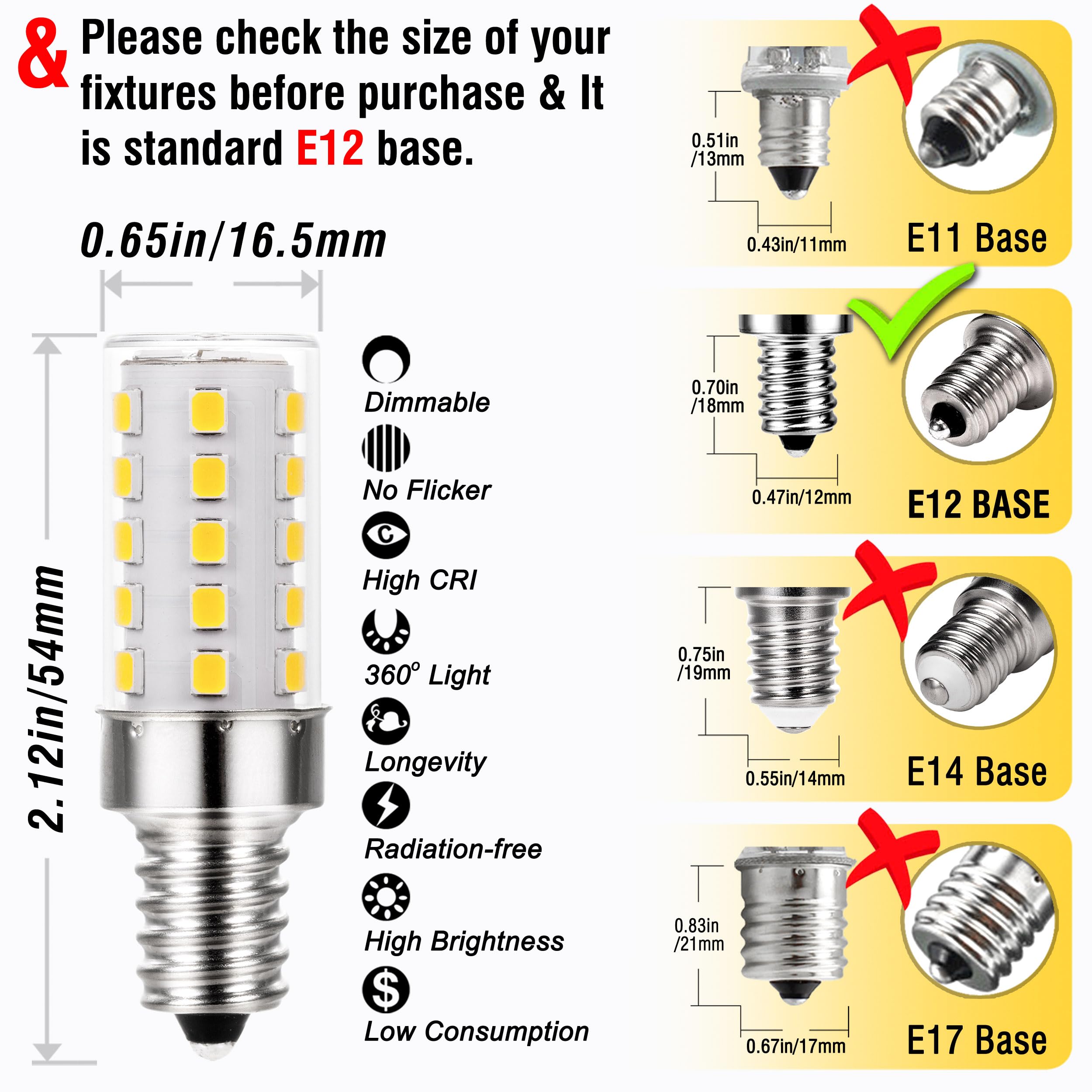 ALIDE E12 Dimmable LED Light Bulb, 5W (40W Equivalent), 4000K Natural White, 10 Pack, T6 Base, Candelabra Bulbs
