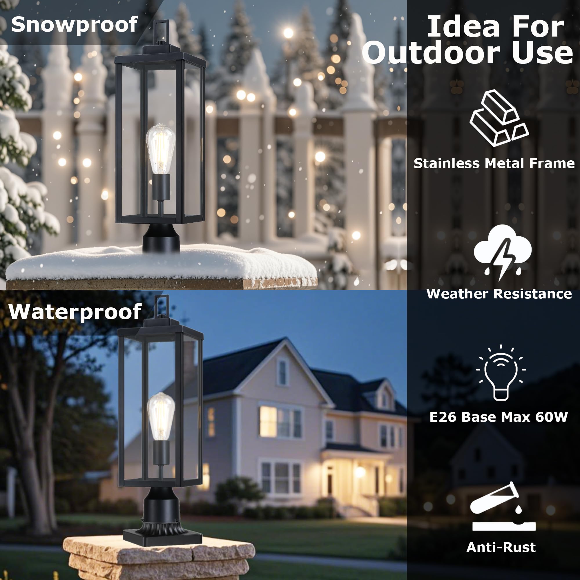 GRUENLICH Outdoor Lamp Post Light Fixture, Tempered Glass, Large 20.5 Inch, Black, Model GR-PL003-BK-1PK