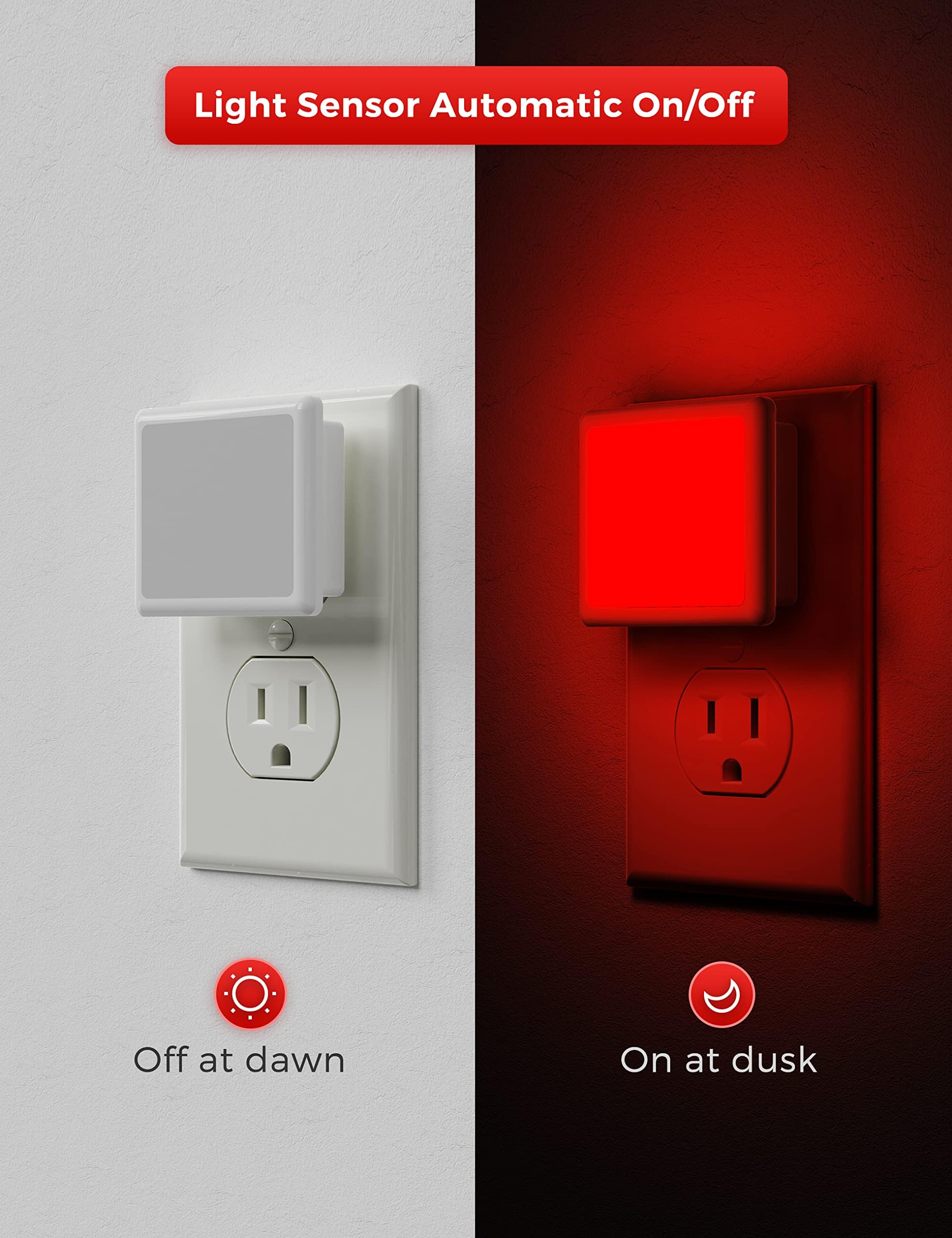 L Lohas Led Red Night Lights Plug Into Wall 2-Pack, 0.3W Plug In Night Light, Dusk To Dawn, Bright Nightlight Auto-On/Off, For A