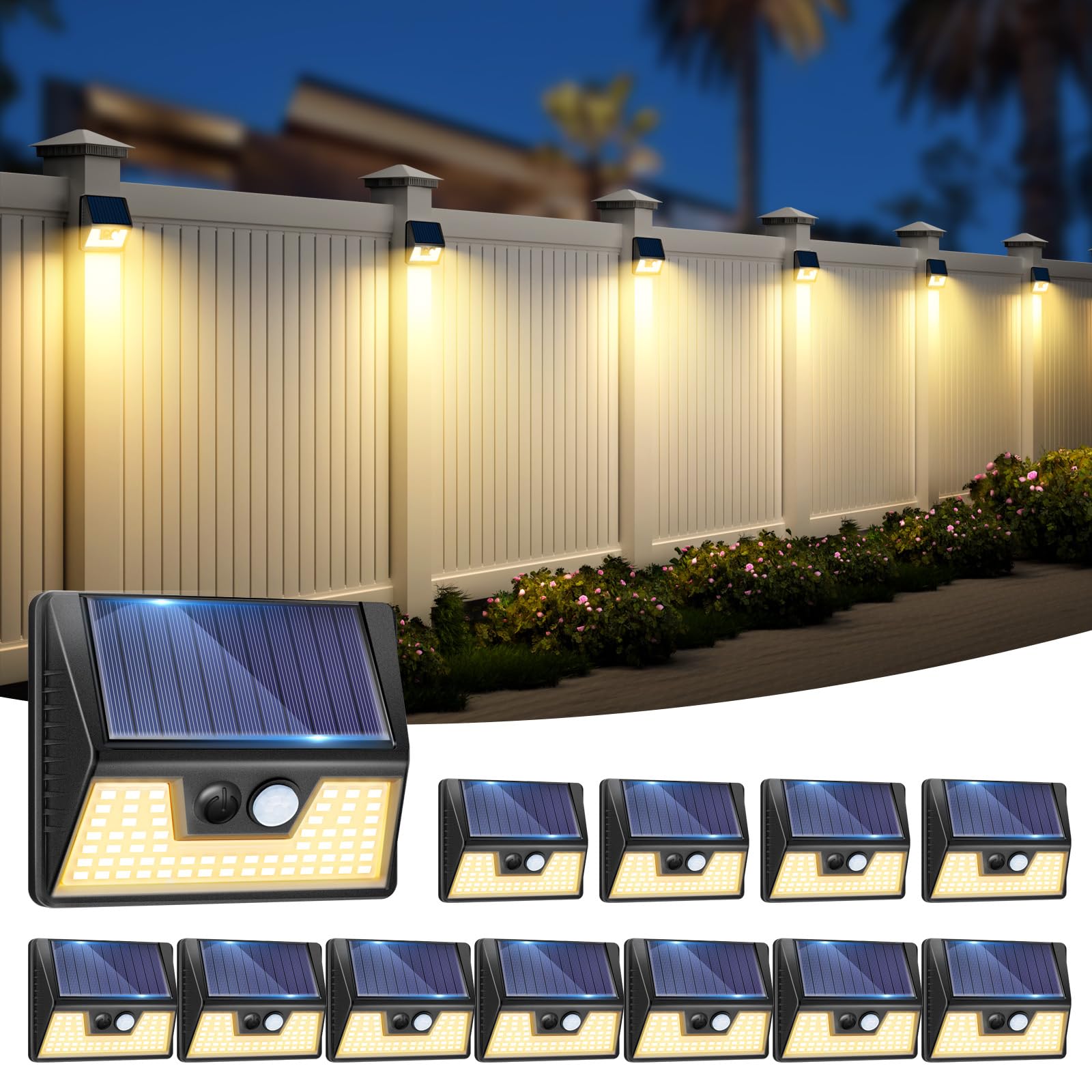Vighep Solar Fence Lights 12 Pack - Motion Sensor, Wireless, Waterproof, Warm White LED, Black