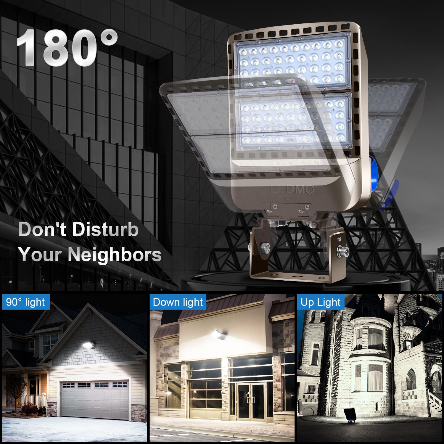 LEDMO 200W LED Parking Lot Lights, Adjustable Trunnion Mount, Dusk to Dawn, Antirust Aluminum, 5000K, Brown, Model 1511