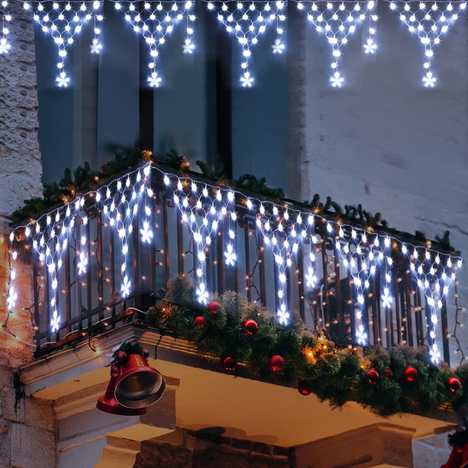 MINIAO Christmas Lights Outdoor Decorations 218 LED 13.8ft Curtain Fairy Lights with 12 Drops, Clear Wire LED String Light Decor