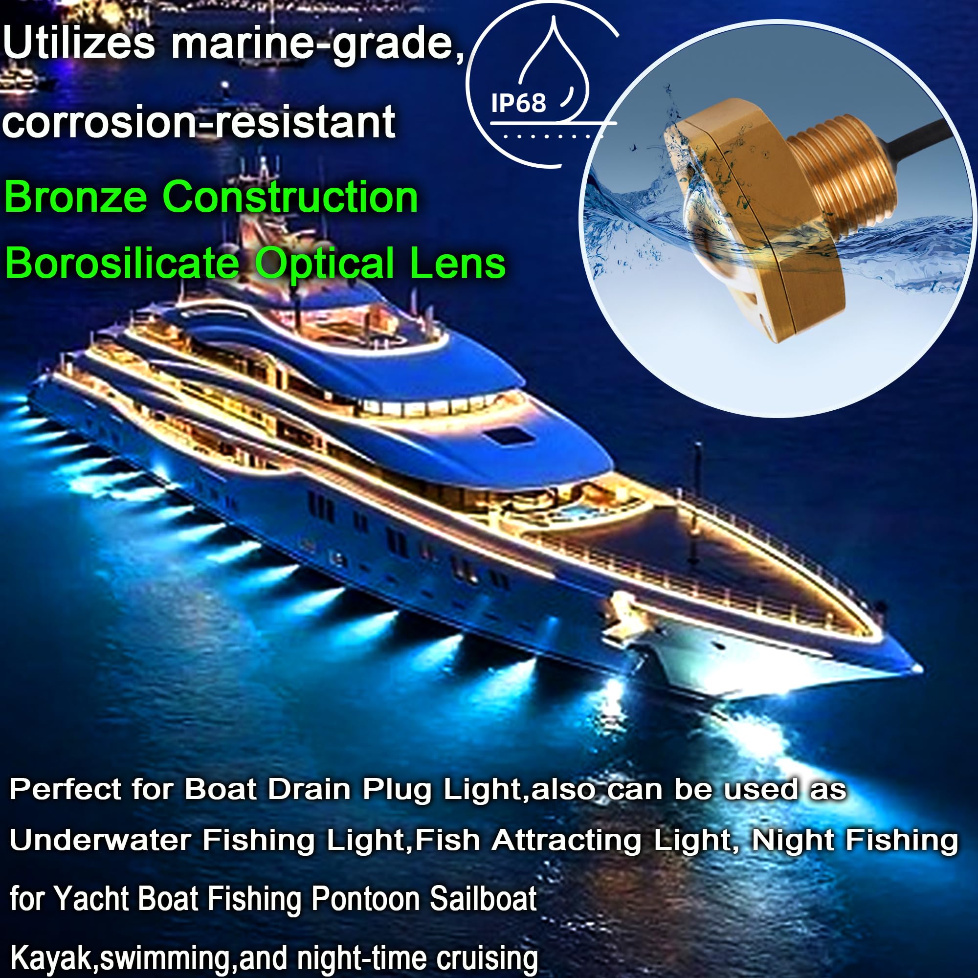 NBWDY Boat Drain Plug Light with APP Remote Control, IP68 Waterproof, 4100LM, Blue, 1 Pcs