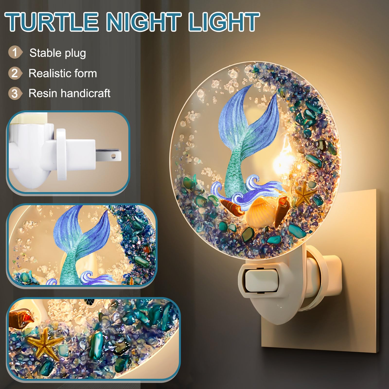 Hortsun Seashell Night Light, Ocean Animal Design, 12 x 8 x 8 cm, Blue, Vintage Beach Lamp for Home, Bedroom, Living Room, Bathroom