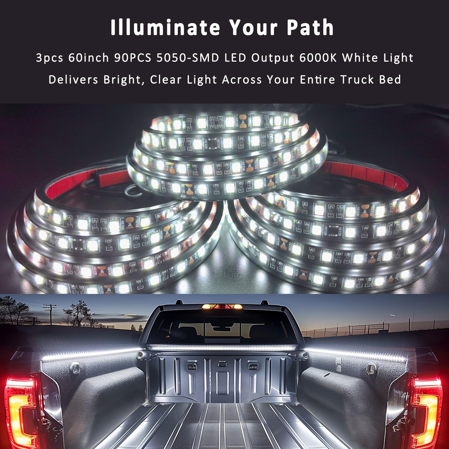 AUTUNEER Truck Bed LED Strip Lights 60 Inch 3Pcs Waterproof White Light for Pickup, SUV, RV, Van, Model YHH-SMD5050-270