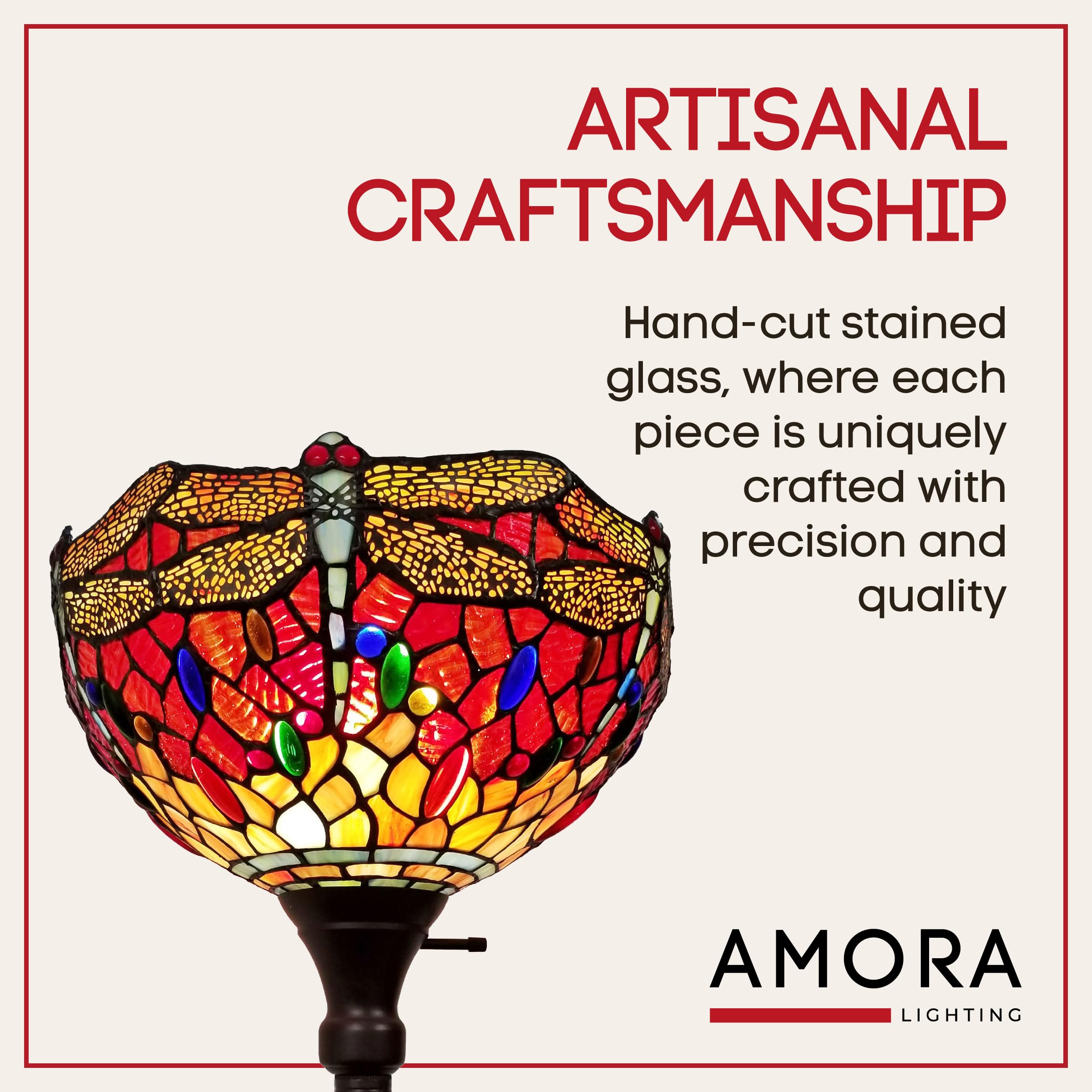 Amora Tiffany Floor Lamp - 74” Dragonfly Stained Glass, Multicolor, Model AM040FL14B