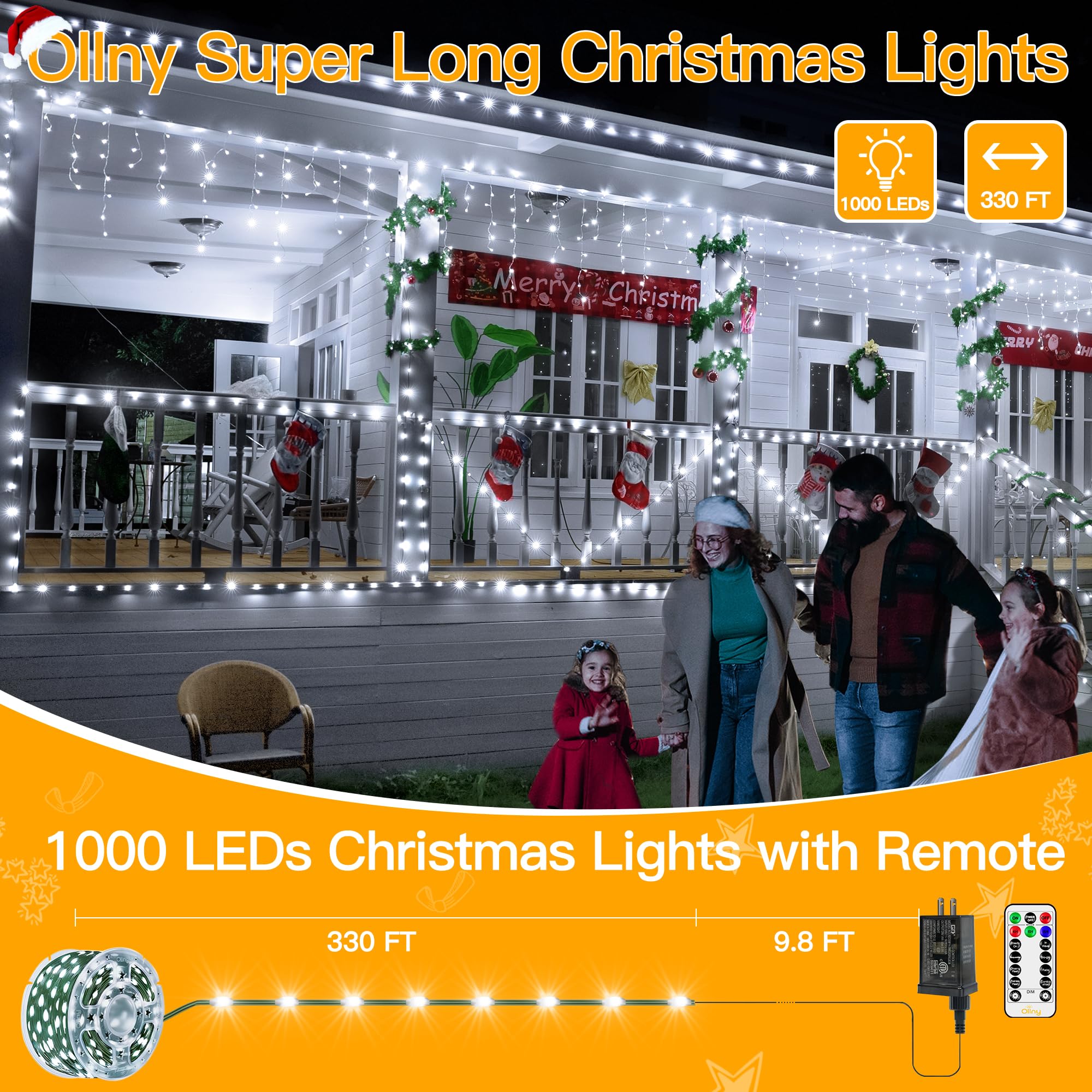 Ollny 1000 Led Christmas Lights, 330 Ft, Ip67 Waterproof, Remote, 8 Modes, Cool White Indoor/Outdoor Decorations, Model Hg-29V1017C