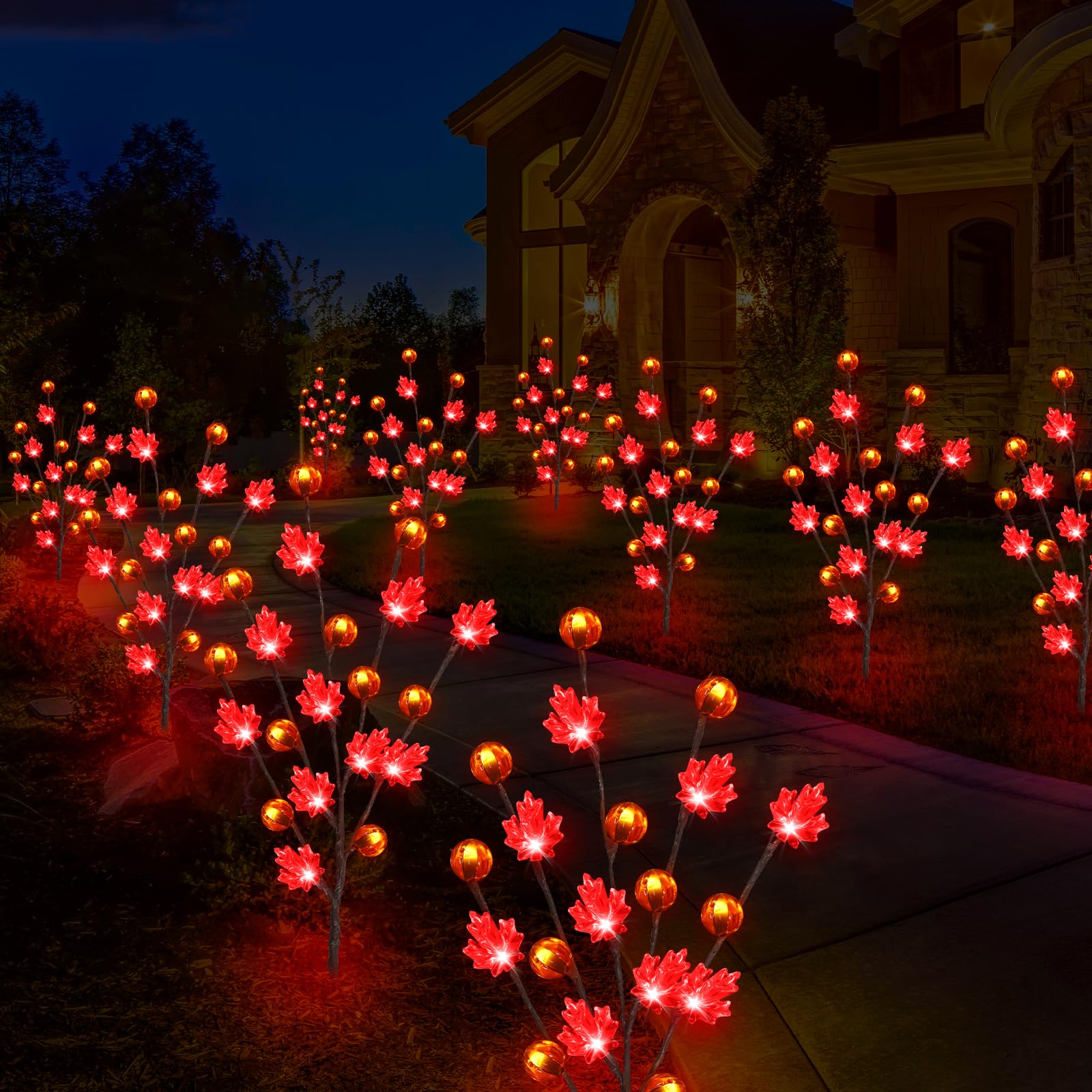 Behiller Solar Garden Path Lights, 80Led Red Maple Leaf & Pumpkin Decor For Thanksgiving 4Pack