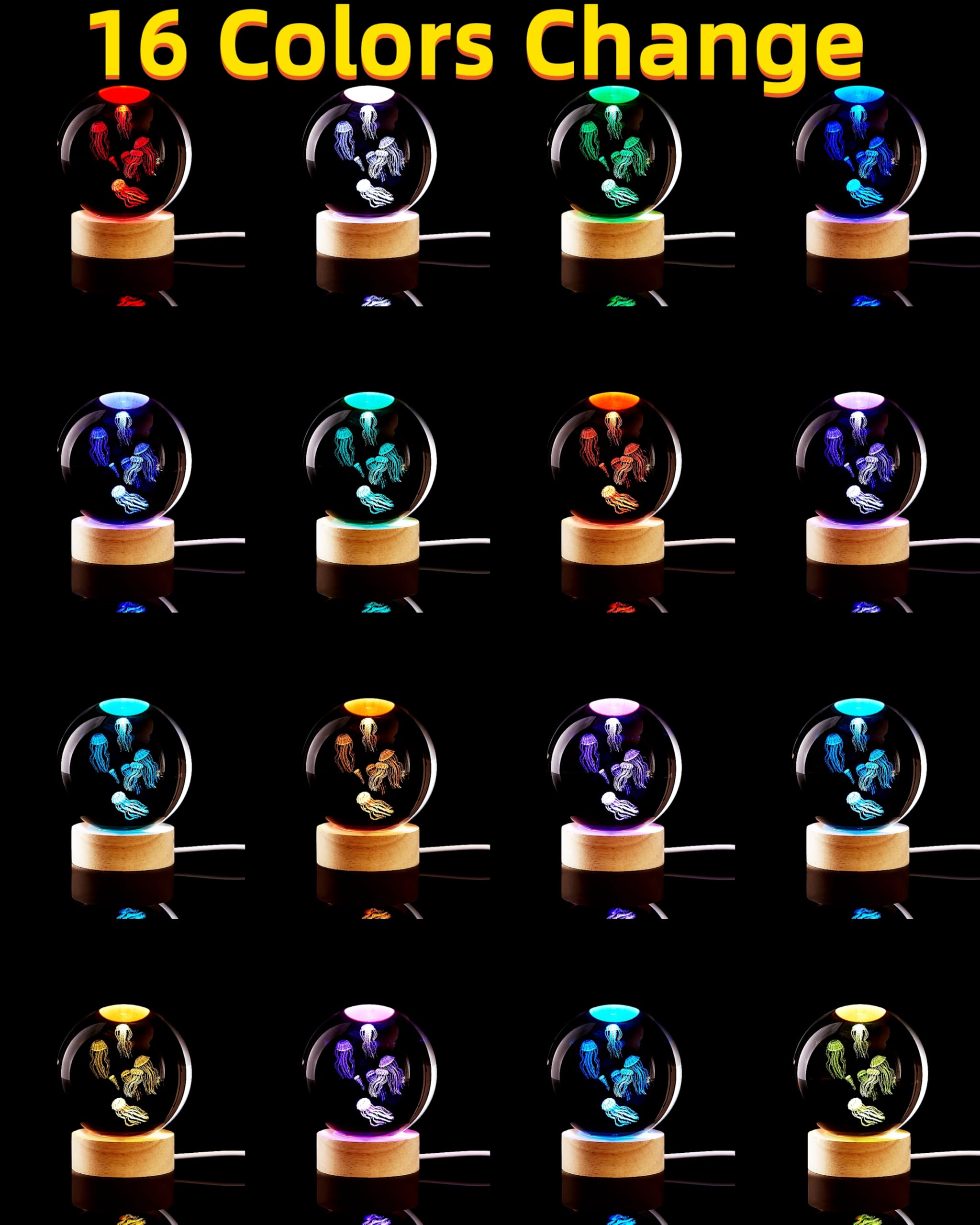 3D Jellyfish Crystal Ball Lamp,Lifelike Led Jellyfish Night Light,16 Colors Changing Light,Dimmable Remote Control,Desk Lamp (Je