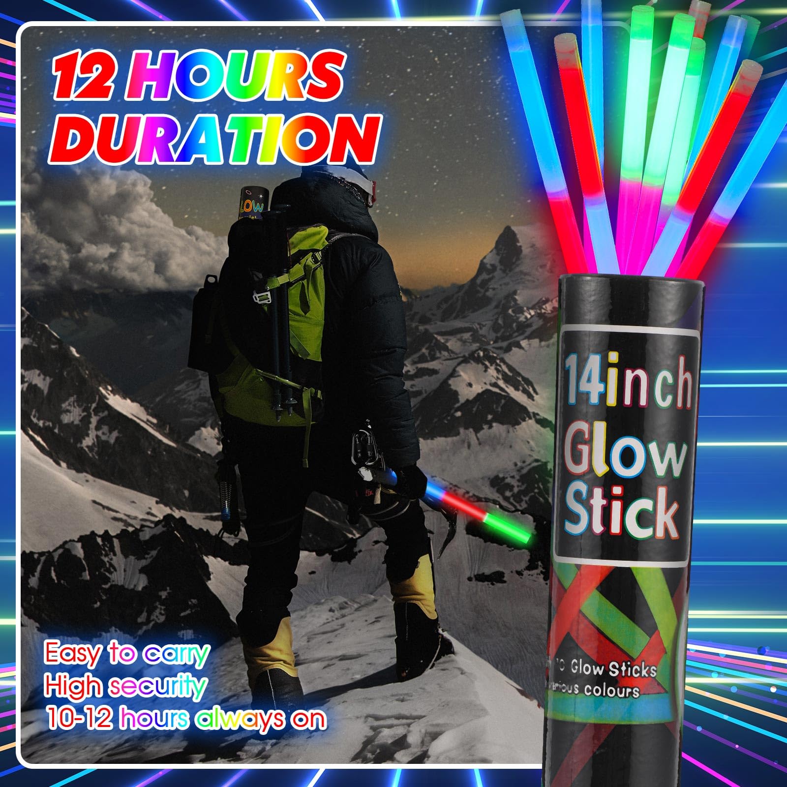 Lewtemi Glow Sticks - 10 Pcs Jumbo Emergency Light Sticks, 14 Inch, Neon Color, for Camping and Halloween, Model OB-Lewtemi-3035
