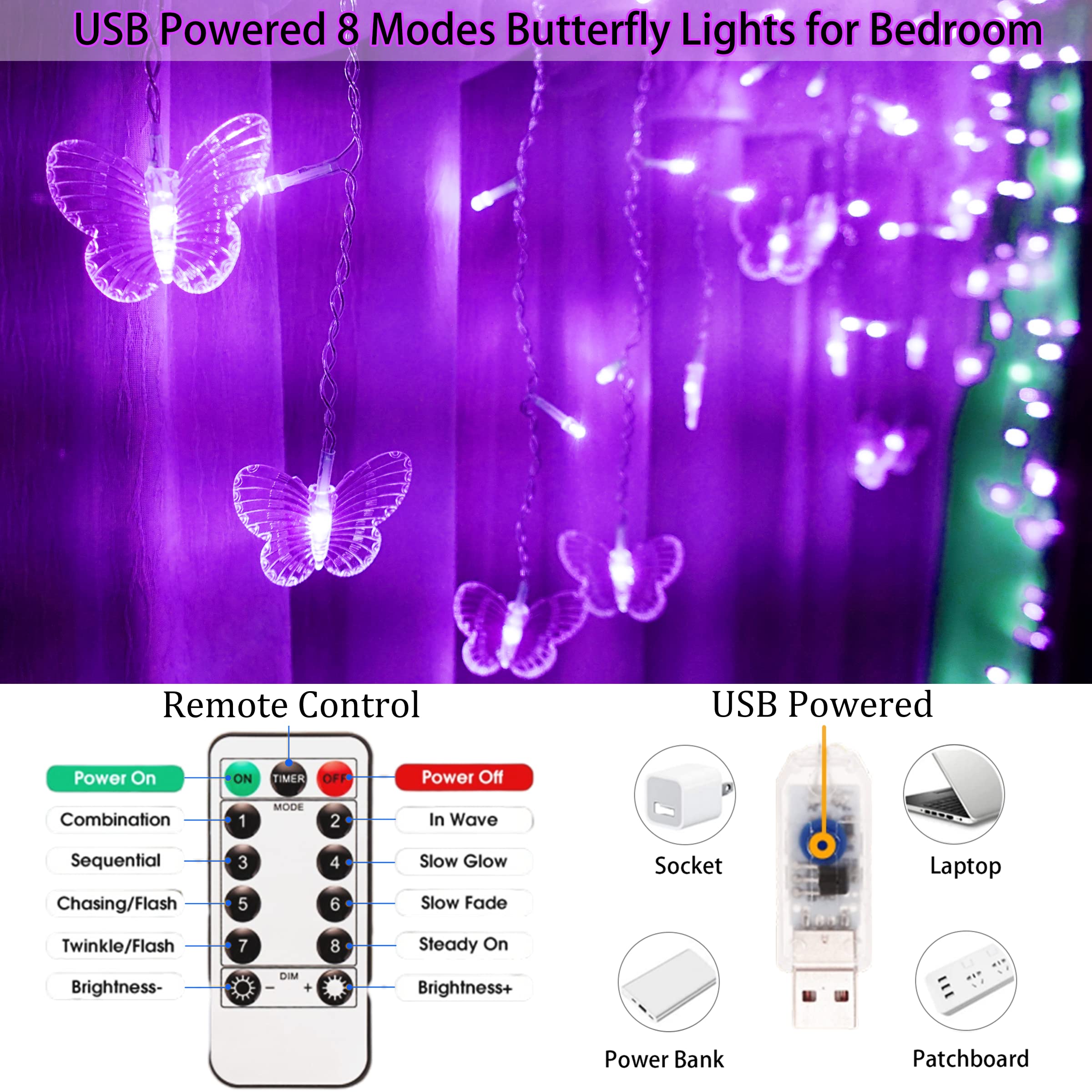 Sunkite Purple Butterfly Curtain Fairy Lights, 120 Led Usb, 20Ft, 8 Modes, Waterproof For Parties
