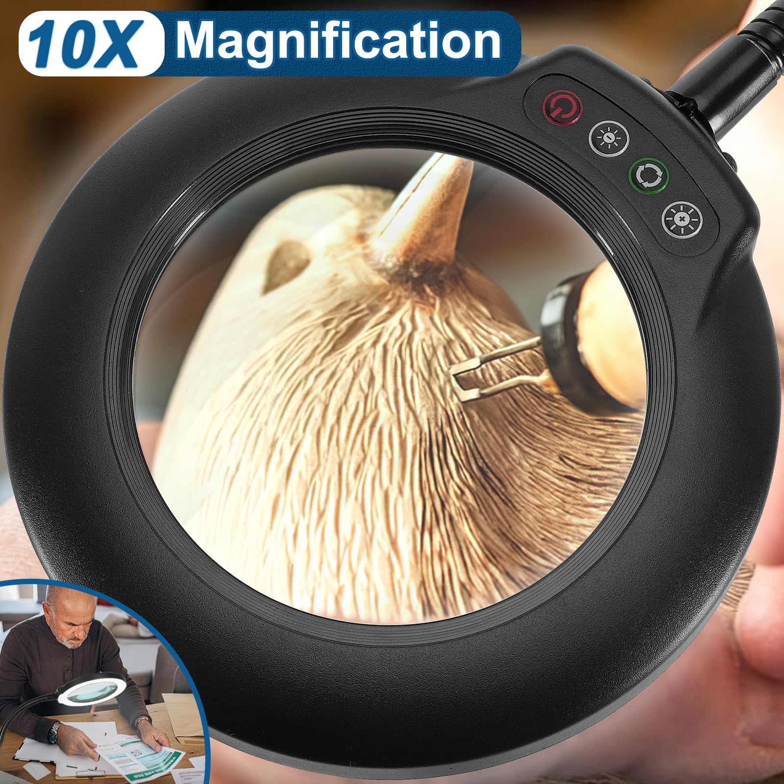 IVMAIE 10X Magnifying Glass with Light, Dimmable LED Desk Lamp, Gooseneck Stand, Black, Real Glass, Ideal for Crafts & Reading