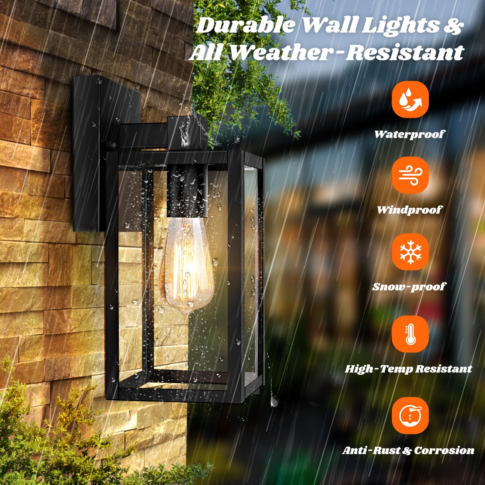 Brightever 2-Pack Outdoor Wall Lanterns, Black Waterproof Sconce Light Fixtures, 9.1 Inch, Clear Glass for House, Porch, Garage
