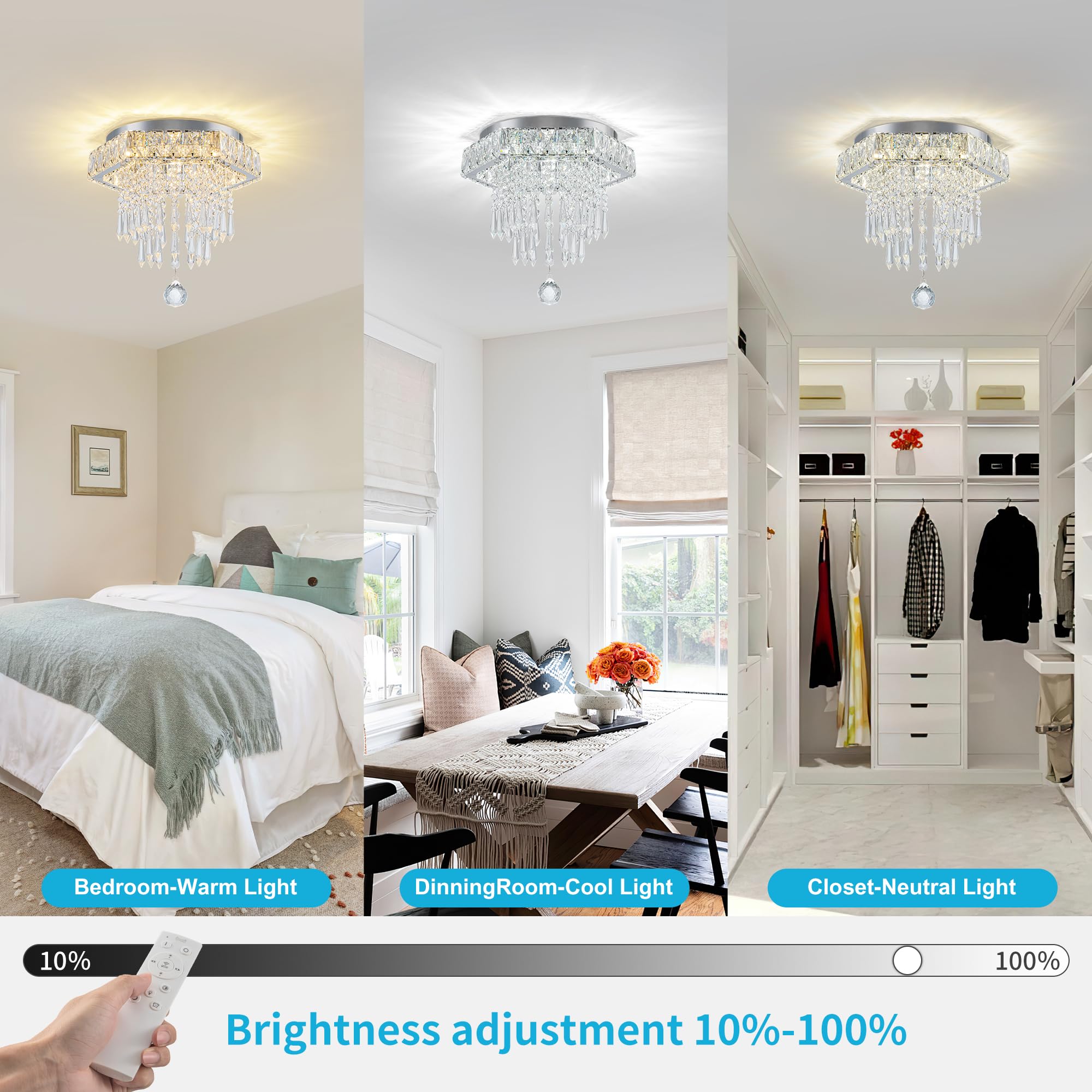 HomLaiting 11.8” Crystal Ceiling Light Fixture, Modern Hexagon LED Chandelier, Dimmable 3000K-6500K, Flush Mount, TriColor
