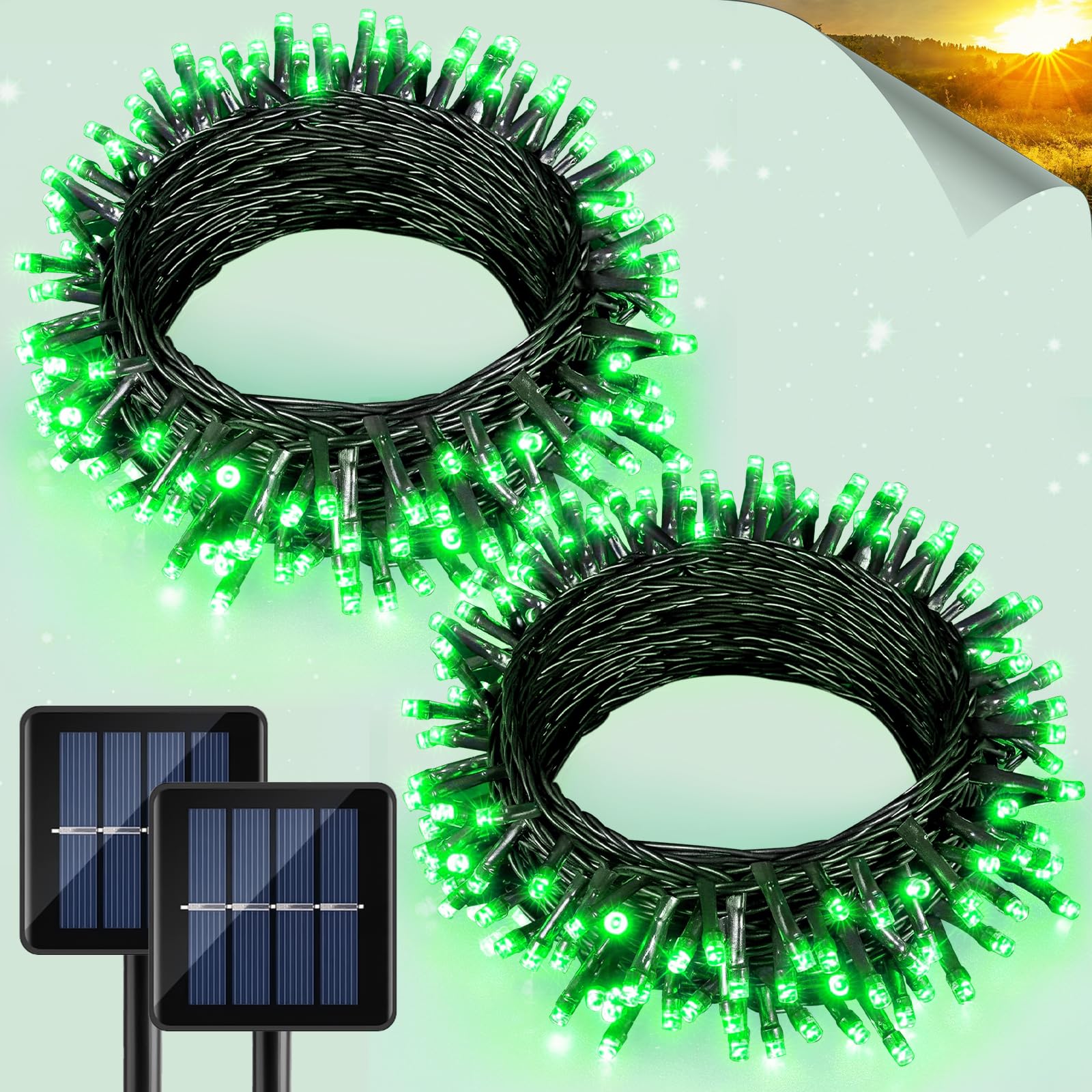 2 Pack Solar String Lights Outdoor Waterproof, 80FT 240 LED St. Patricks Day String Lights for Outside, 8 Modes Green Wire Twink