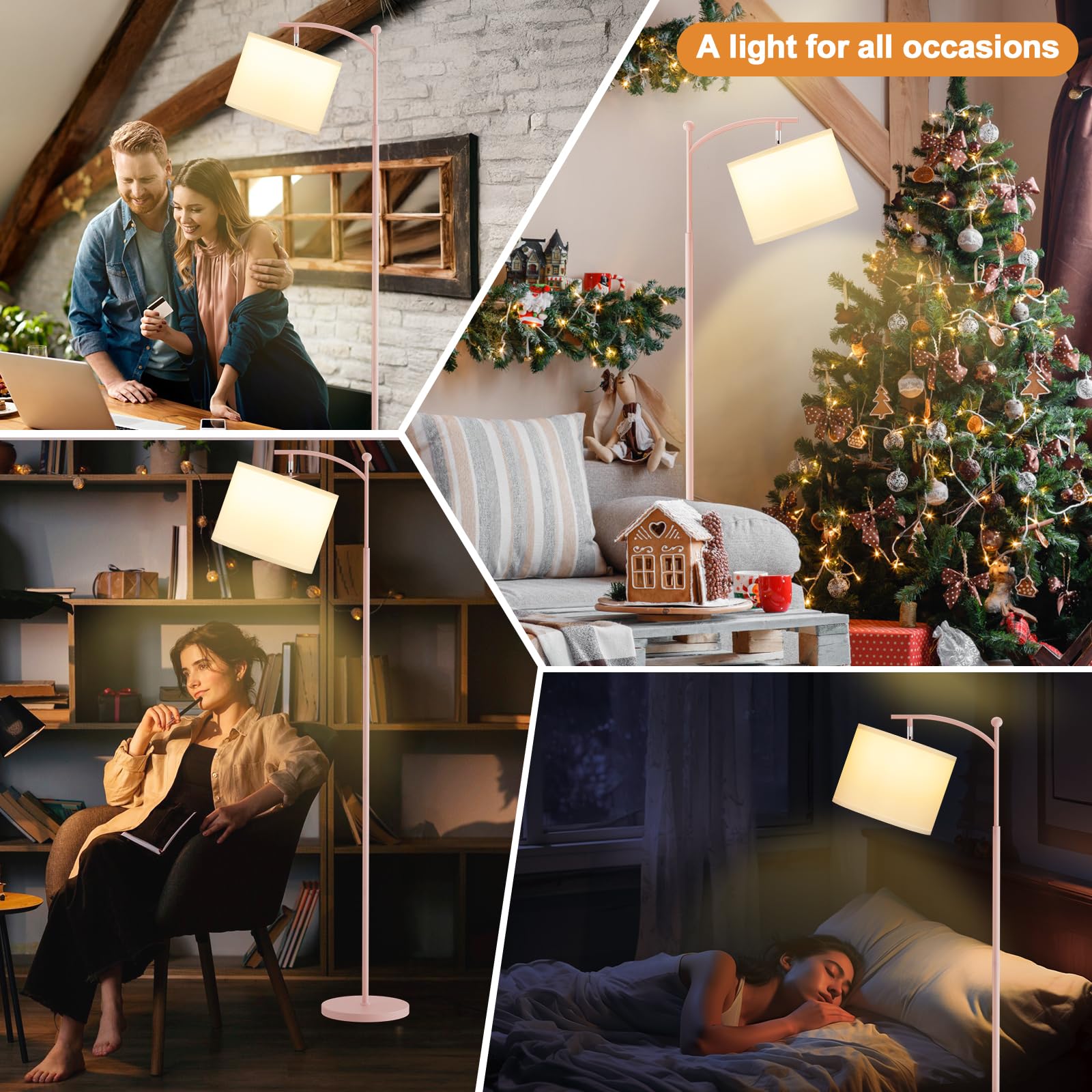 60'' Floor Lamps For Living Room With 3 Color Temperatures, Adjustable White Shade With Pink Pole, Tall Lamps For Living Room Be
