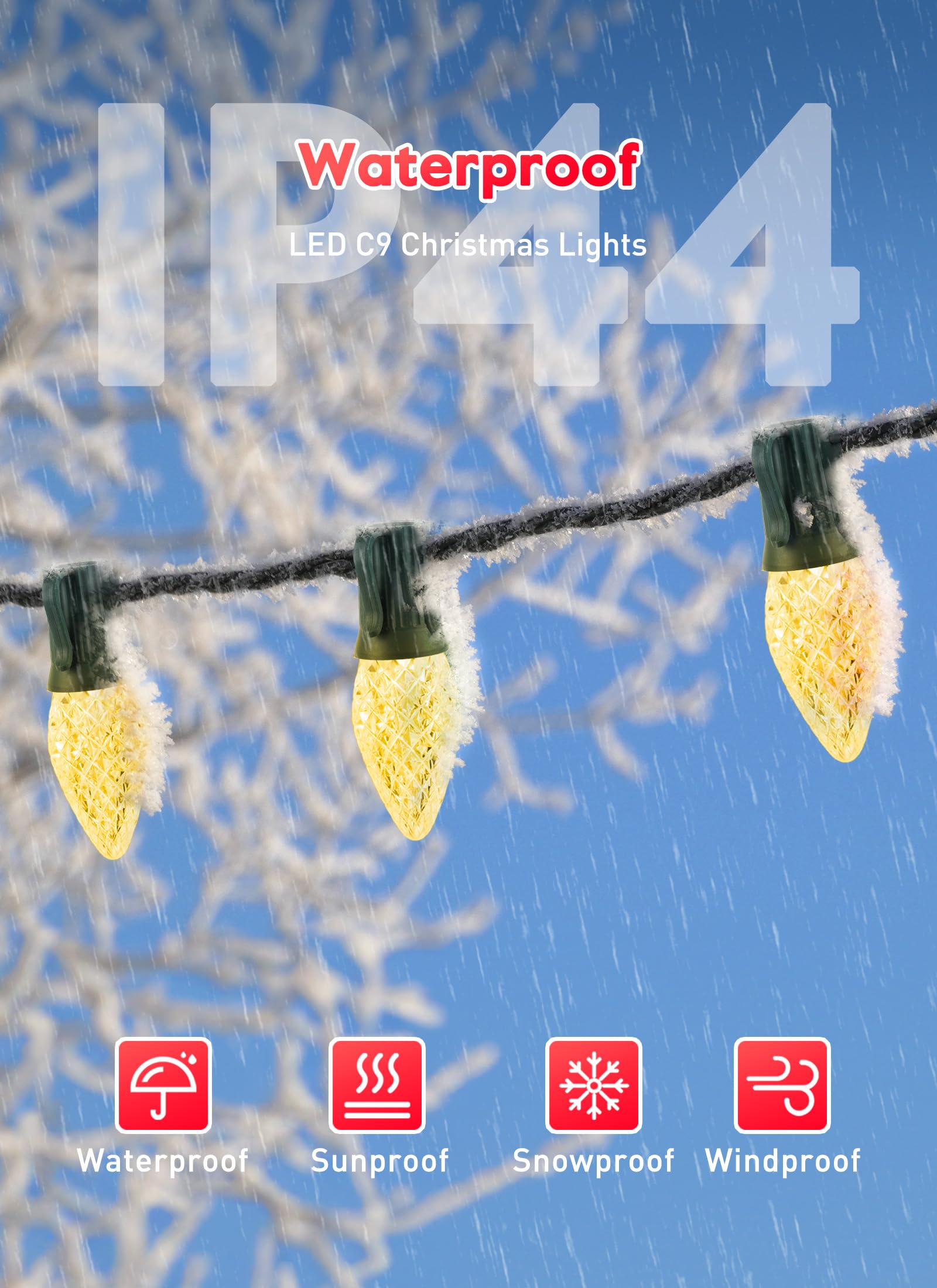 Minetom C9 Christmas String Lights, 200 Ft Led Commercial Outdoor Christmas Lights With 200 Warm White Strawberry C9 Bulbs, Wate