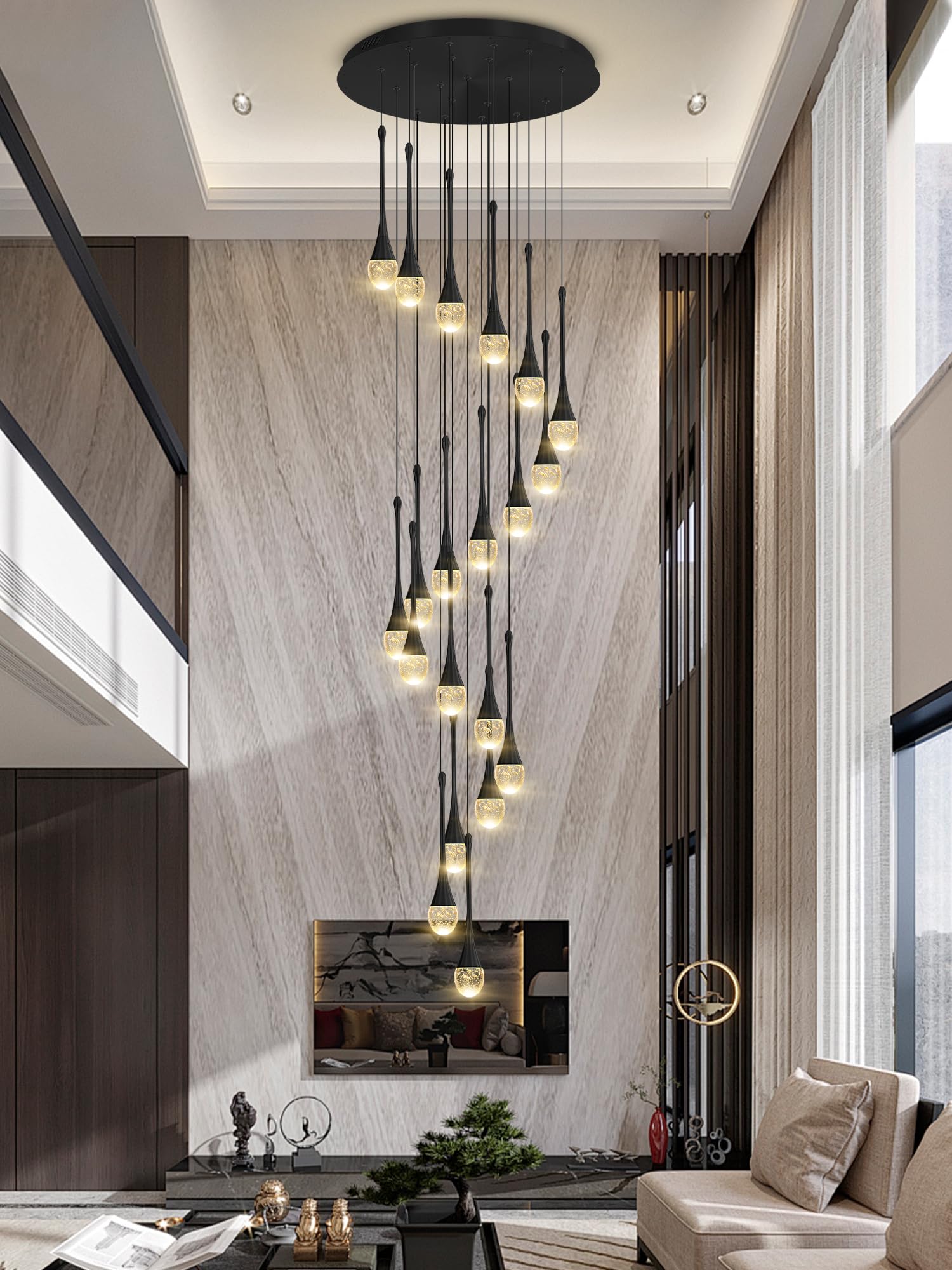 ykolupty Modern 20-Light Black Chandelier - Crystal Pendant Light for Staircase, Lobby, Living Room, Bedroom, High Ceilings