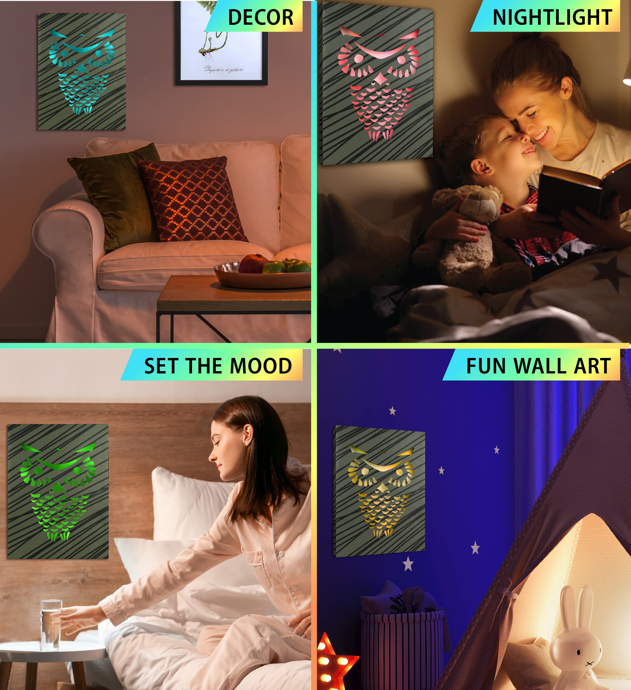 Cota Global Owl Light Up Led Wall Art - Fun Changing Color Led Light Up Picture Art For Bedroom, Modern Wall Hang Living Room Ar