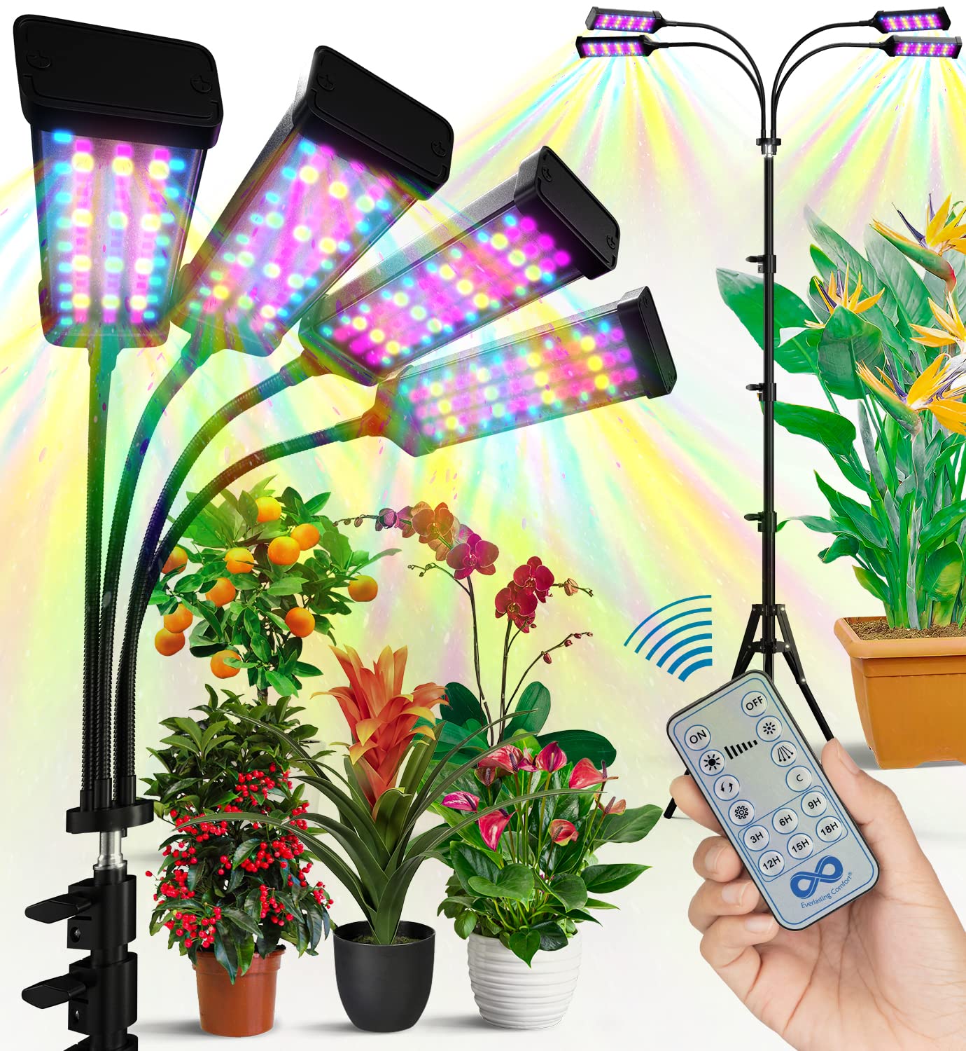 Everlasting Comfort Grow Lights For Indoor Plants Full Spectrum - Plant Lights For Indoor Growing (4 Lamps), 3-18 Hour Timer, Ad