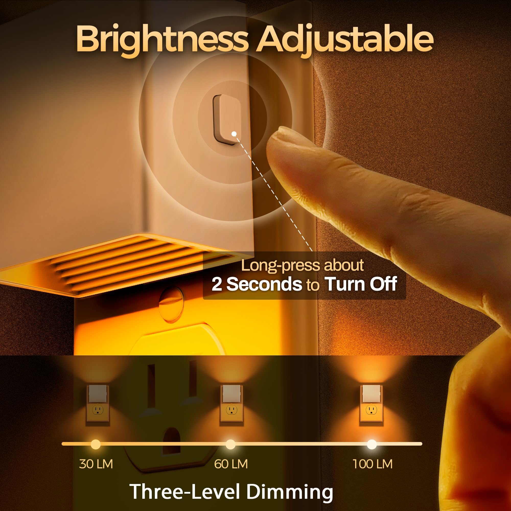 DORESshop LED Night Lights, 3 Level Brightness, Dusk to Dawn Sensor, 2 Packs, White Cover-Amber, Model D-GY106AMWHUS-2