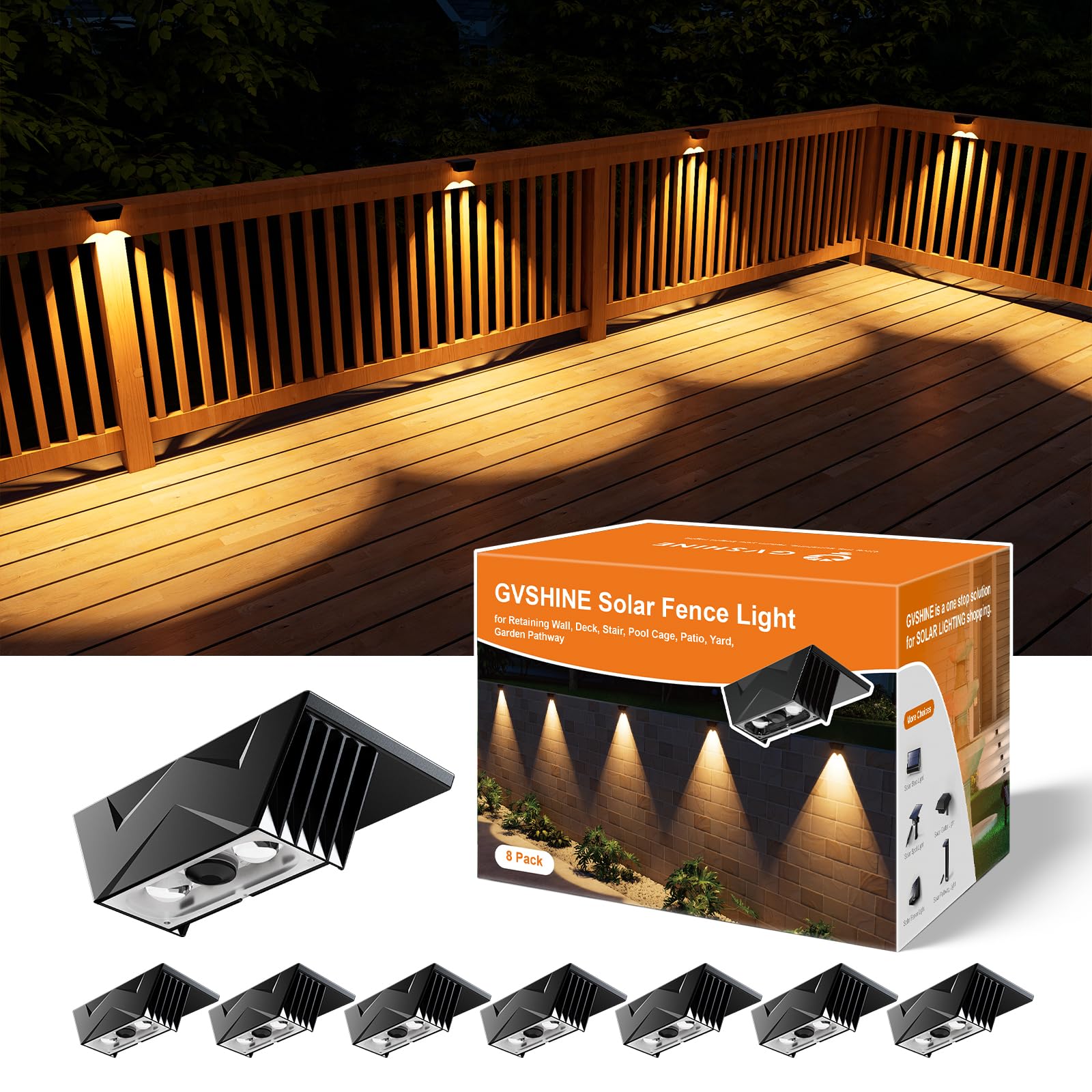 8 Pack Bright Solar Fence Lights Outdoor for Deck  Railing  Stair  Retaining Wall  Waterproof Led Accent Lamp Ambient Lighting with Spot Len for Patio  House  Pool Cage  Garden  Yard (Warm White)