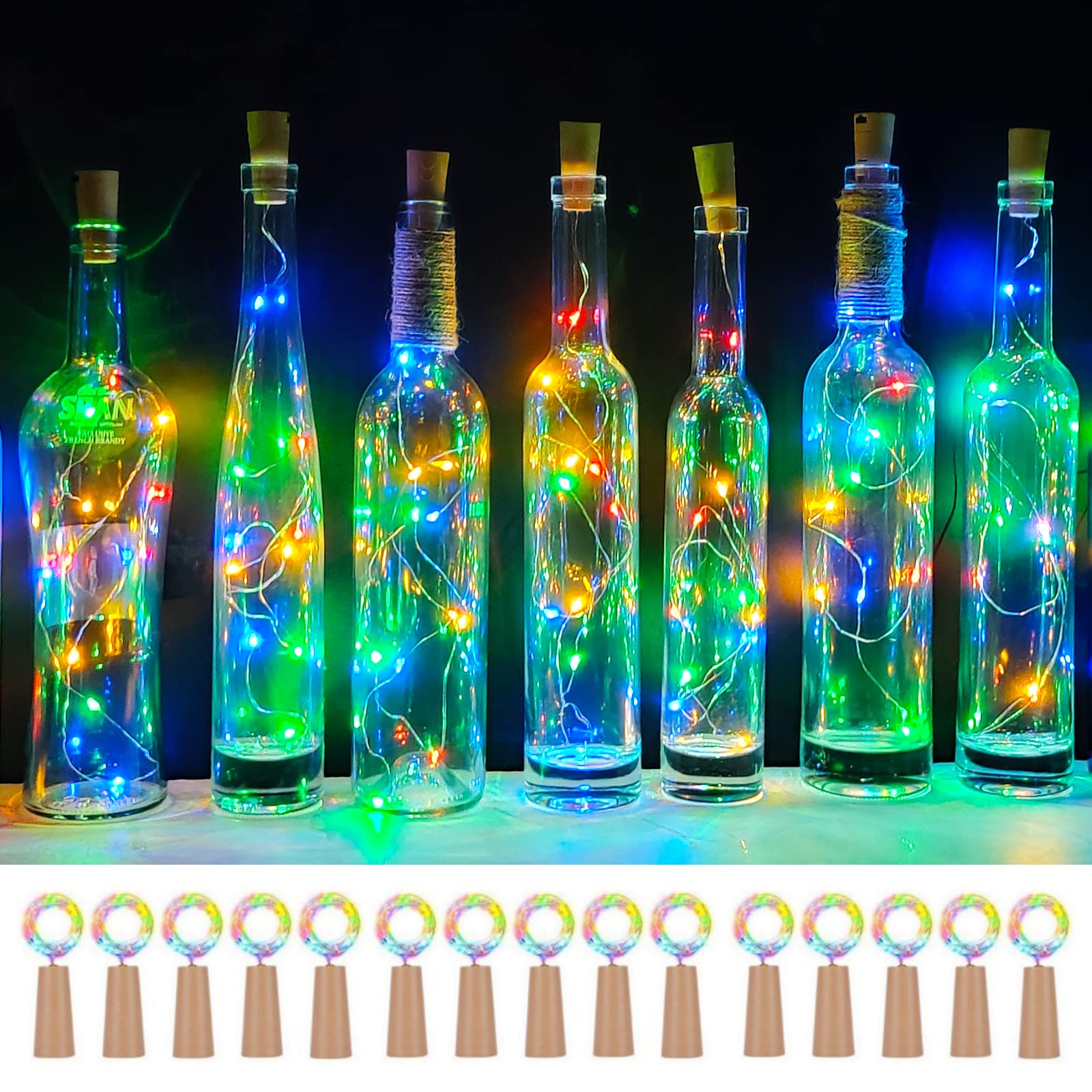 SmilingTown Wine Bottle Cork Lights 15 Pack 10 LED Silver Wire Fairy Lights 40 Inches Multi Color for Party Wedding Decoration