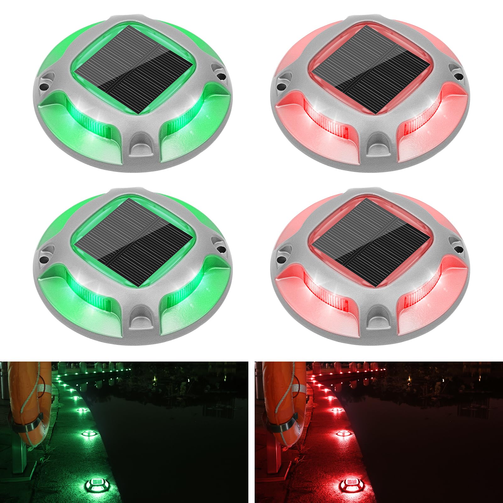 VOLISUN Christmas Solar Driveway Lights Dock Marine Lights 4 Pack,2 Colors in 1,Outdoor LED Deck Lights,Solar Powered Waterproof