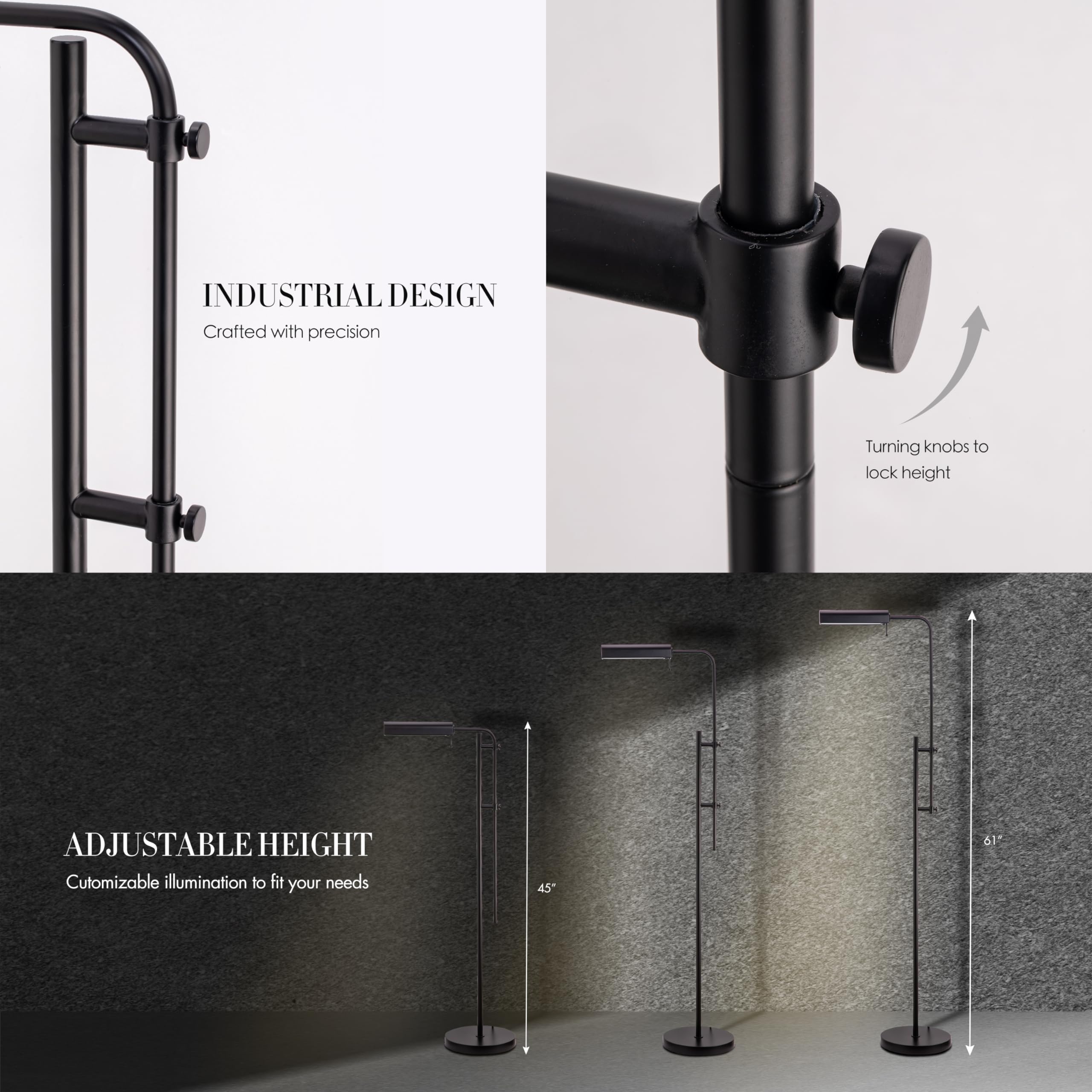 OBright Cedric Adjustable Pharmacy Floor Lamp - Industrial Design, 10W Led, Height 45-61, Black, Model Obe-Fl25H