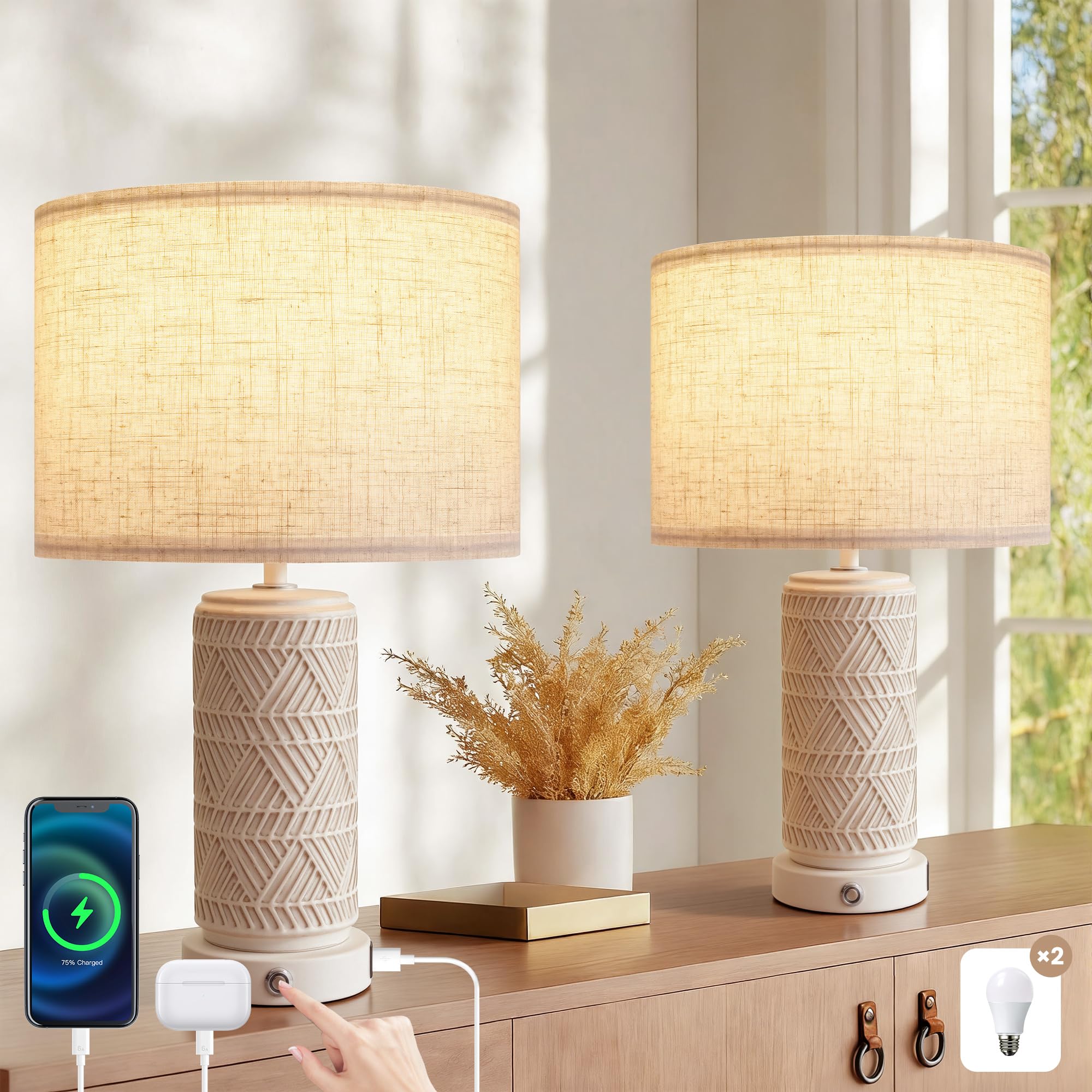 Aekenr Touch Table Lamp Set of 2 for Home and Modern Farmhouse Decor - Ceramic Boho Bedside Lamps with USB Port - White Nightsta