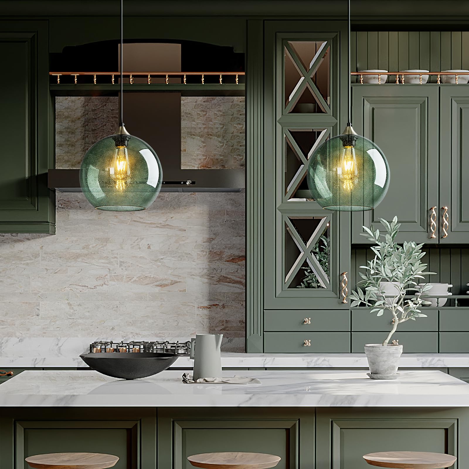 LBSQJ Glass Pendant Lights, 9.84in Gray Green Globe Fixtures, Modern 3-Pack for Kitchen, Bedroom, Dining Room - Model LBSQJ-460