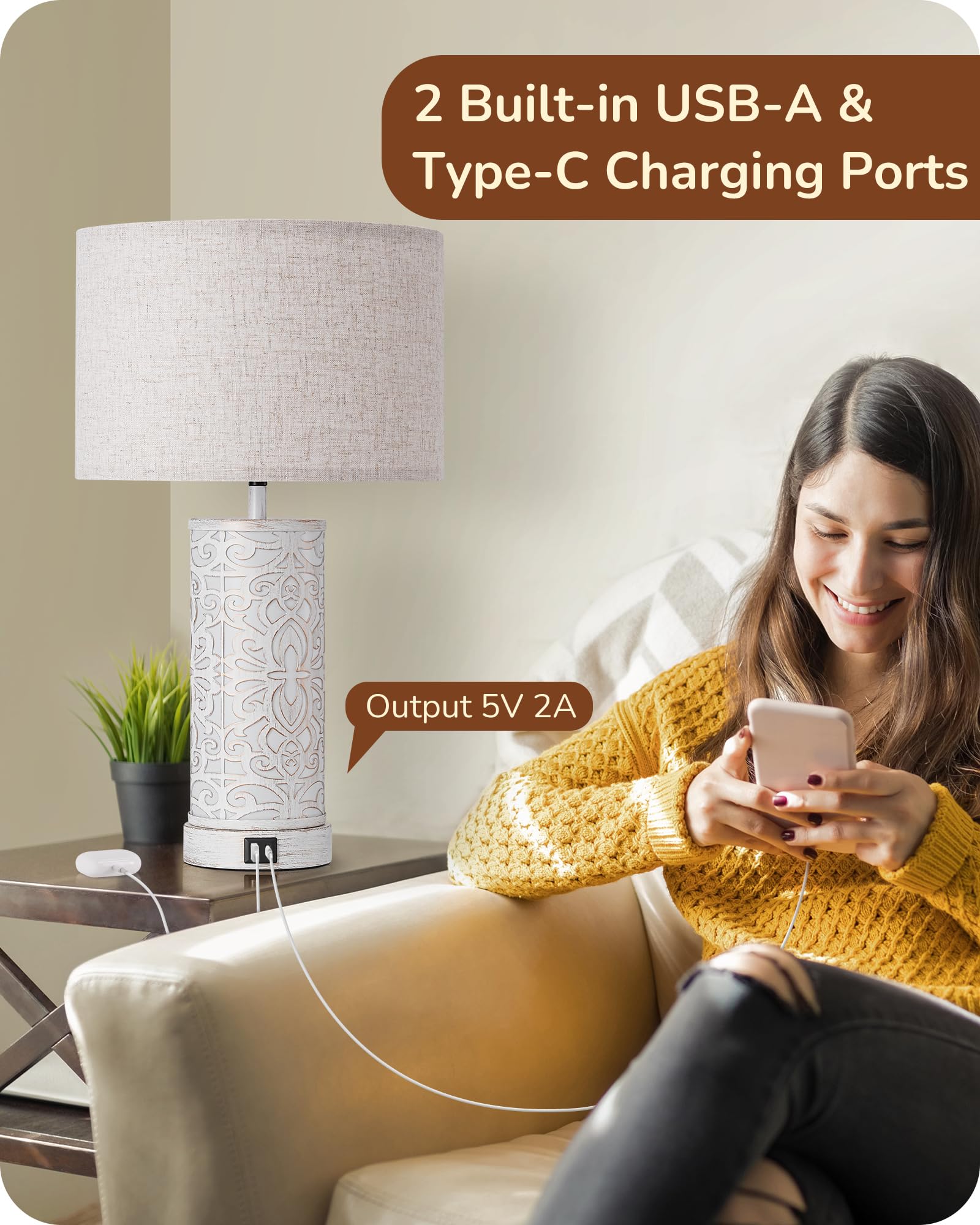 EDISHINE 21.65 Farmhouse Table Lamp Set of 2, Touch 3-Way Dimmable Vintage Nightstand Lamp with A+C USB Ports, Bedside Lamp with